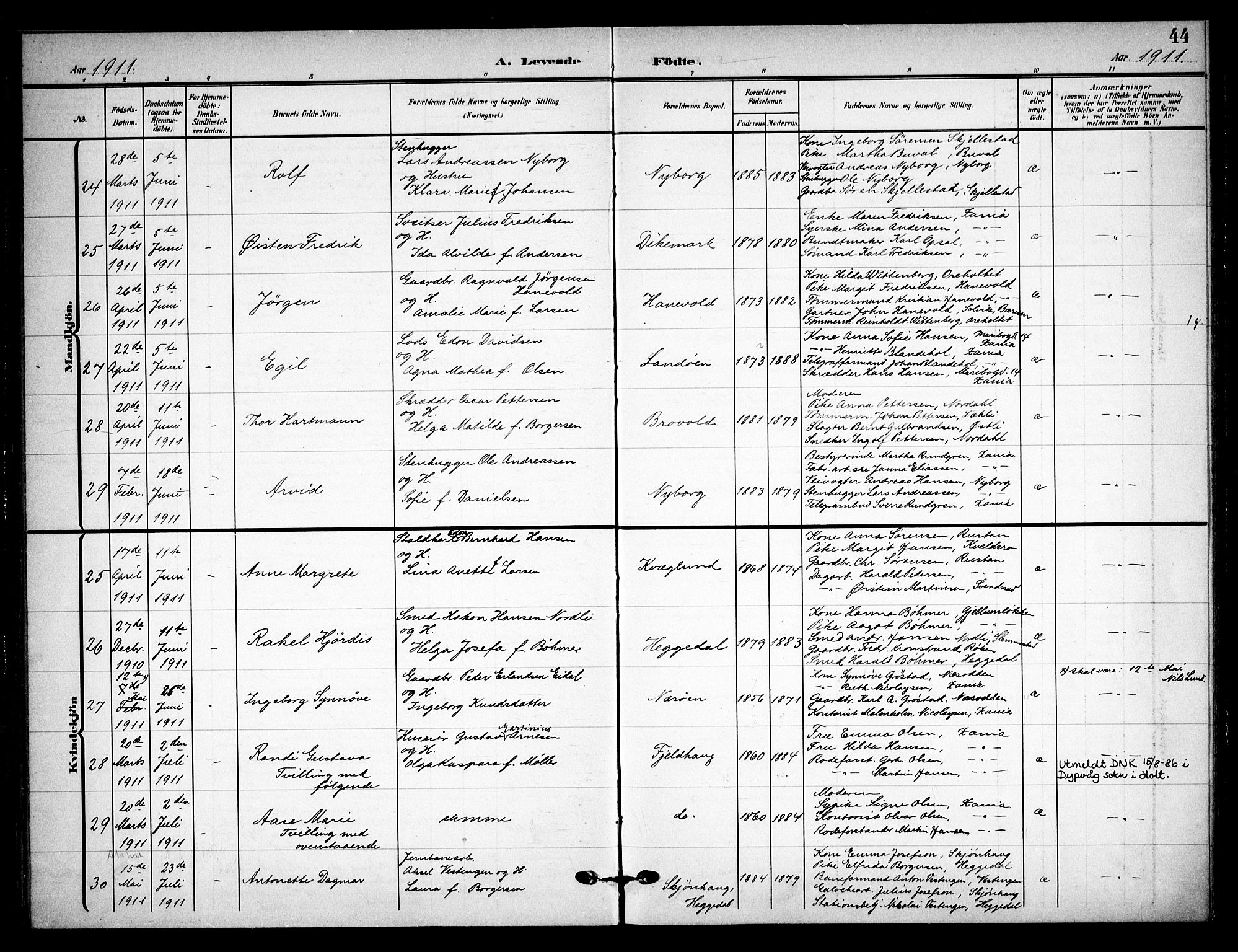 Asker prestekontor Kirkebøker, SAO/A-10256a/F/Fa/L0017: Parish register (official) no. I 17, 1907-1915, p. 44