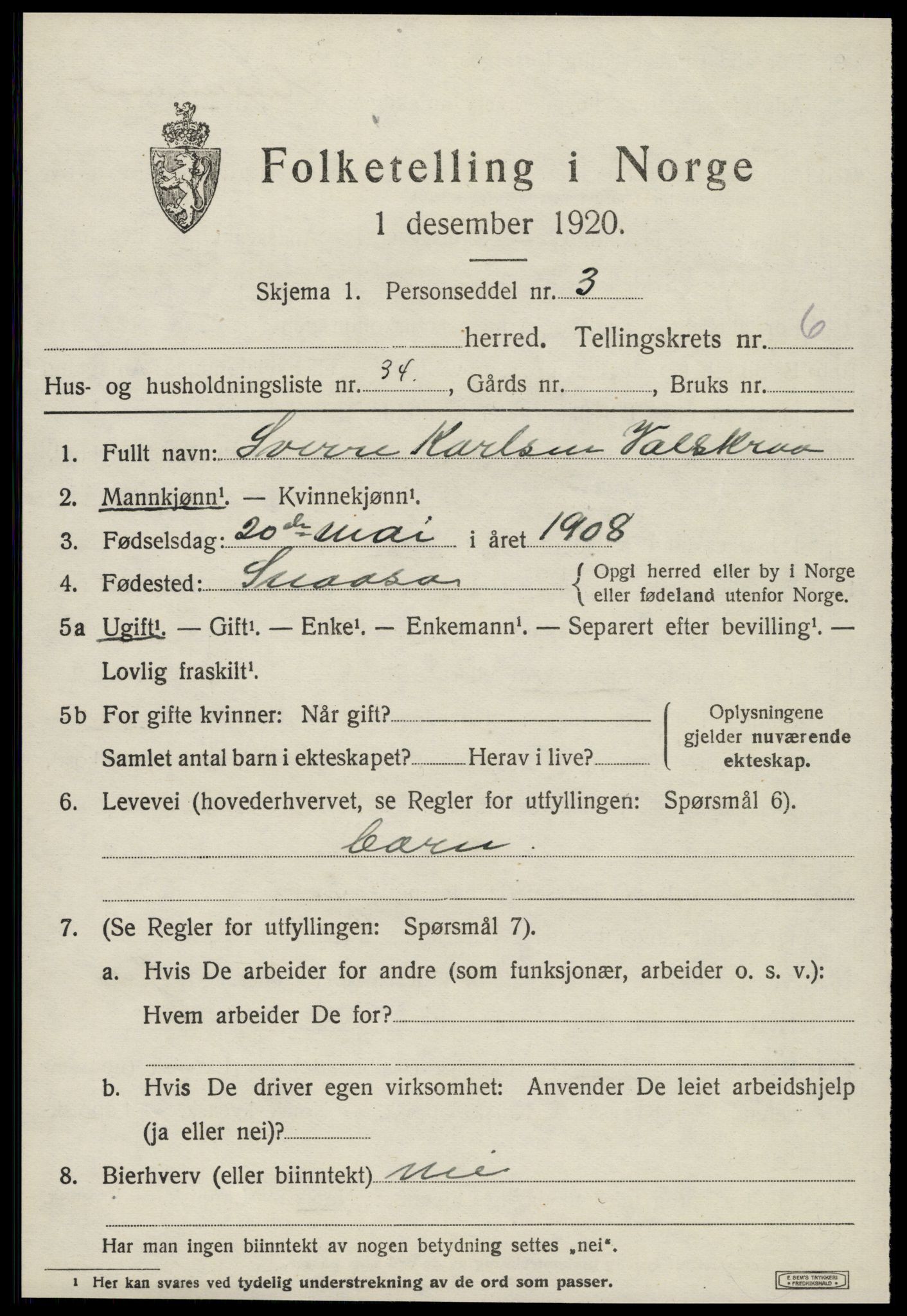 SAT, 1920 census for Snåsa, 1920, p. 2918