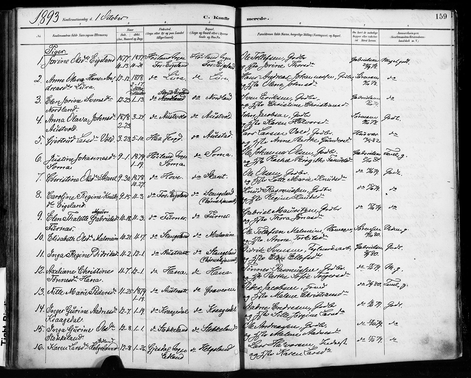 Høyland sokneprestkontor, SAST/A-101799/001/30BA/L0013: Parish register (official) no. A 13.1, 1889-1898, p. 159