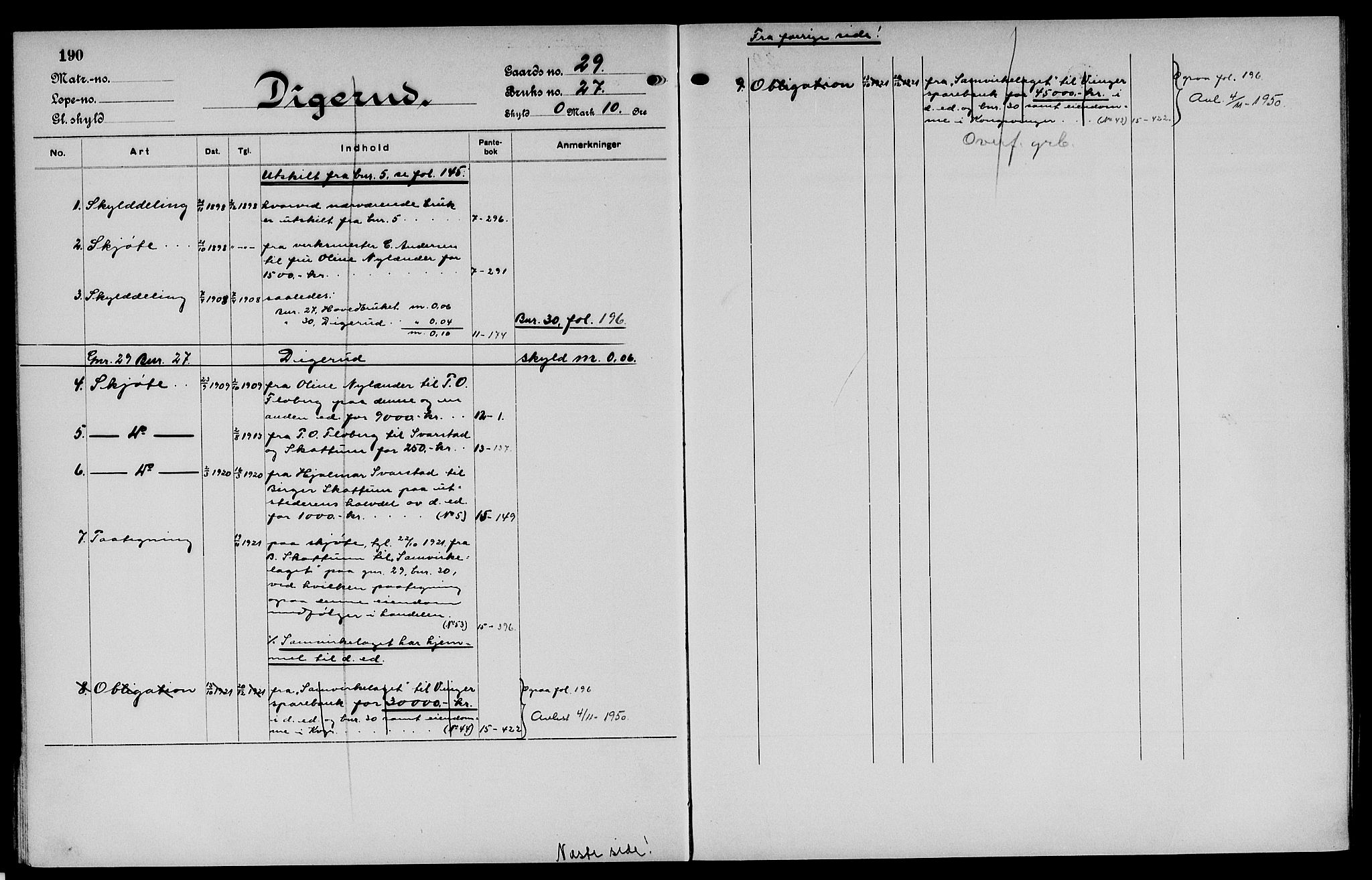 Vinger og Odal sorenskriveri, SAH/TING-022/H/Ha/Hac/Hacc/L0005: Mortgage register no. 3.5, 1923, p. 190