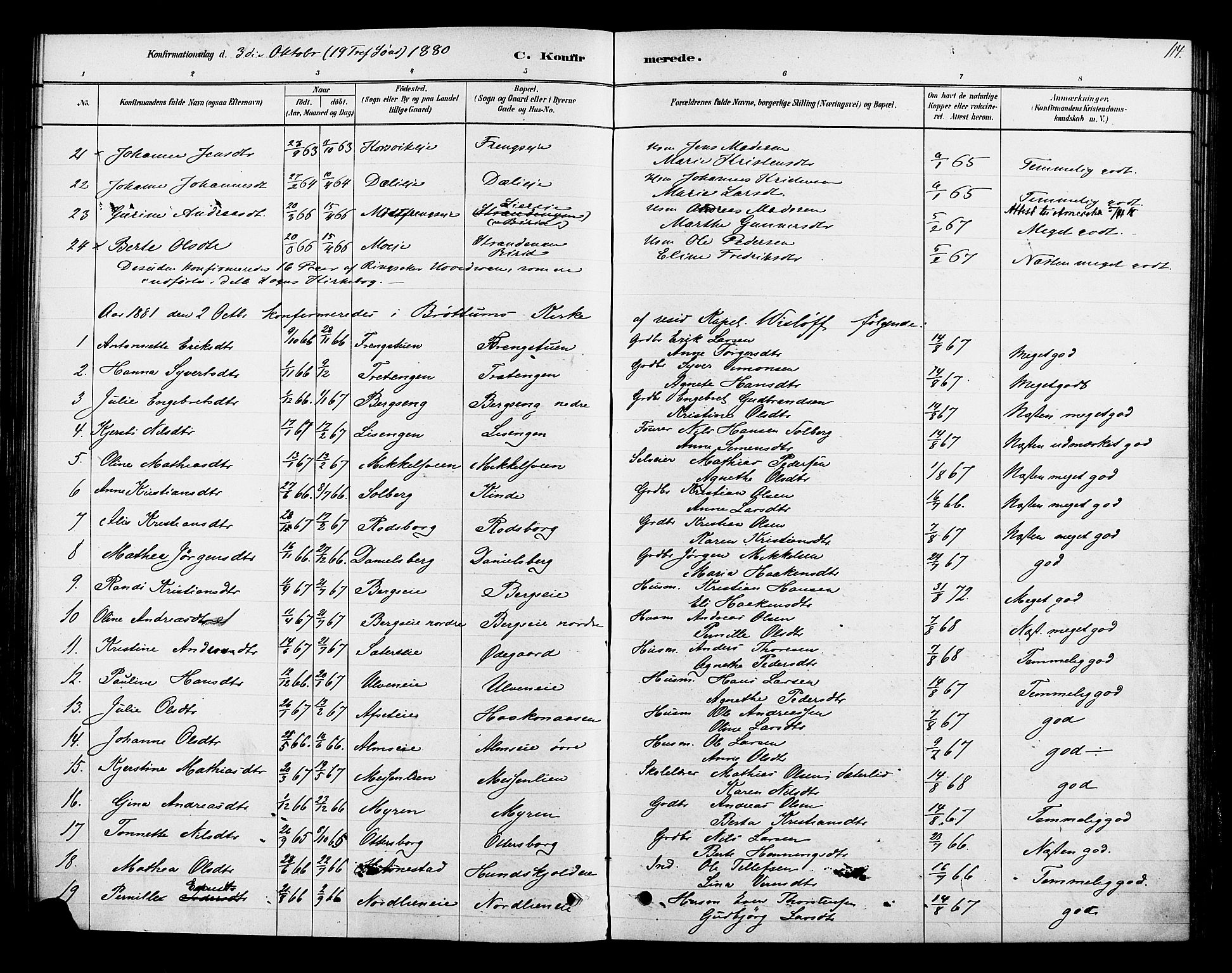 Ringsaker prestekontor, SAH/PREST-014/K/Ka/L0013: Parish register (official) no. 13, 1879-1890, p. 114