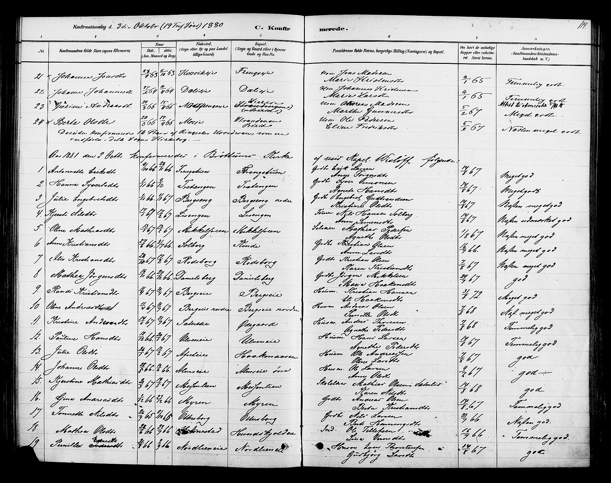 Ringsaker prestekontor, AV/SAH-PREST-014/K/Ka/L0013: Parish register (official) no. 13, 1879-1890, p. 114