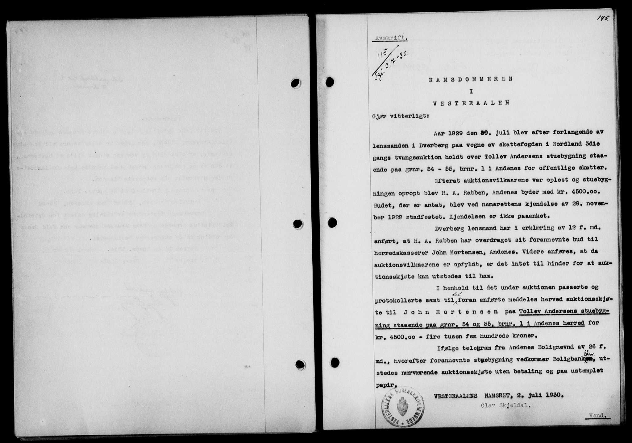 Vesterålen sorenskriveri, SAT/A-4180/1/2/2Ca/L0051: Mortgage book no. 44, 1930-1930, Deed date: 03.07.1930