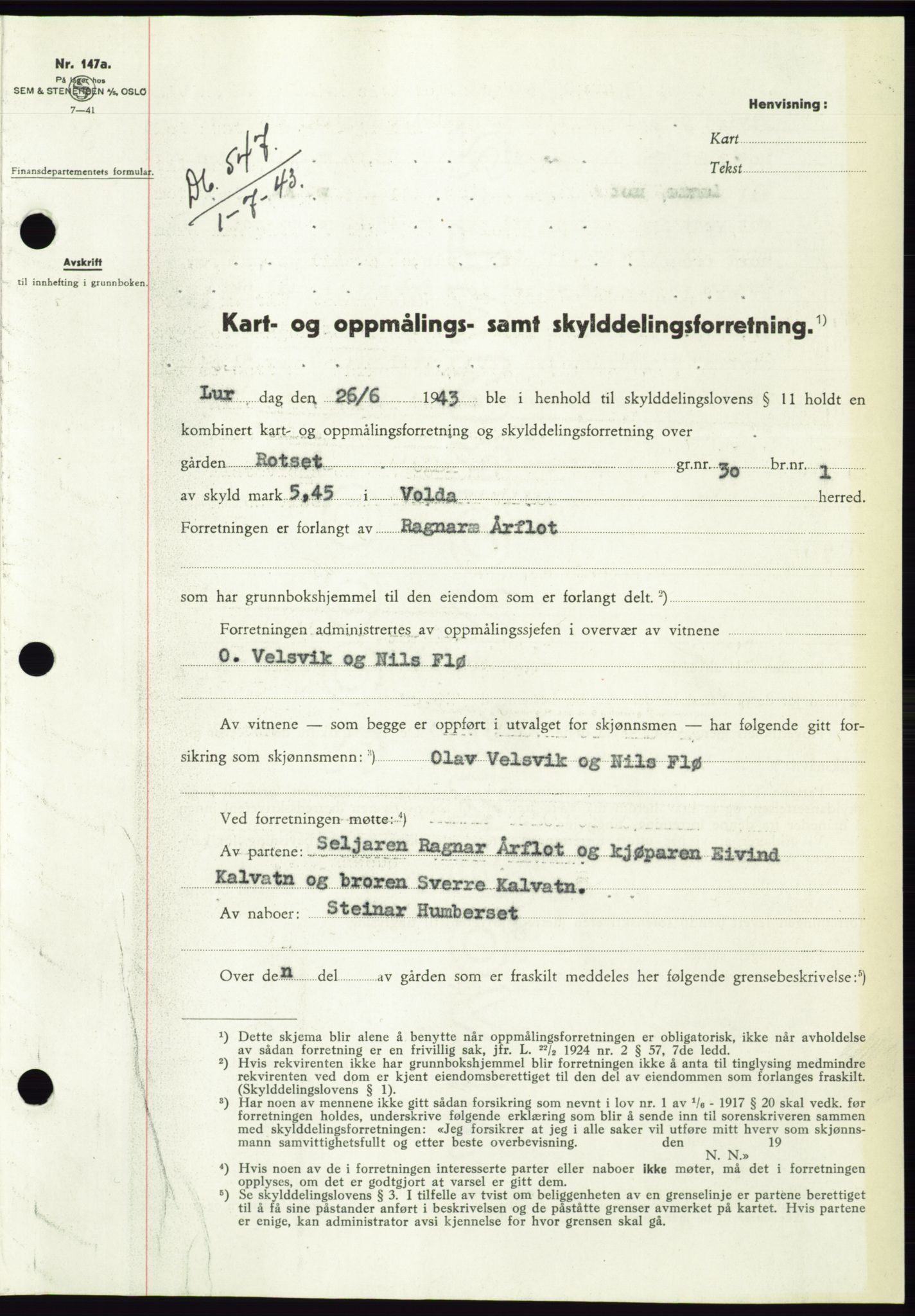 Søre Sunnmøre sorenskriveri, AV/SAT-A-4122/1/2/2C/L0075: Mortgage book no. 1A, 1943-1943, Diary no: : 547/1943