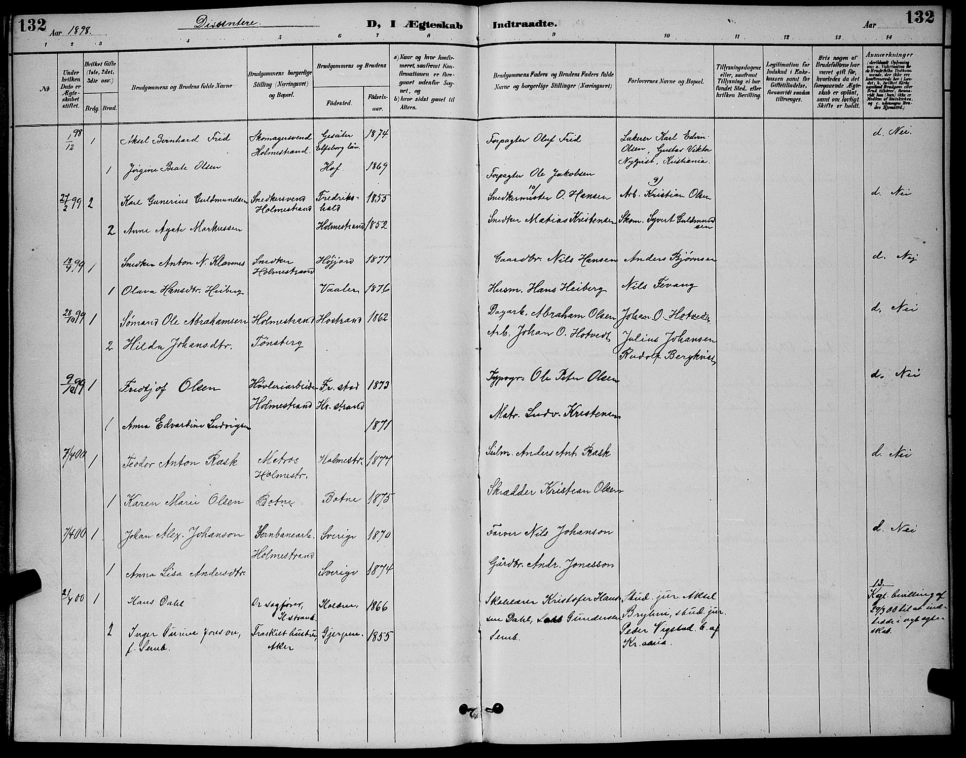 Holmestrand kirkebøker, SAKO/A-346/G/Ga/L0005: Parish register (copy) no. 5, 1889-1901, p. 132