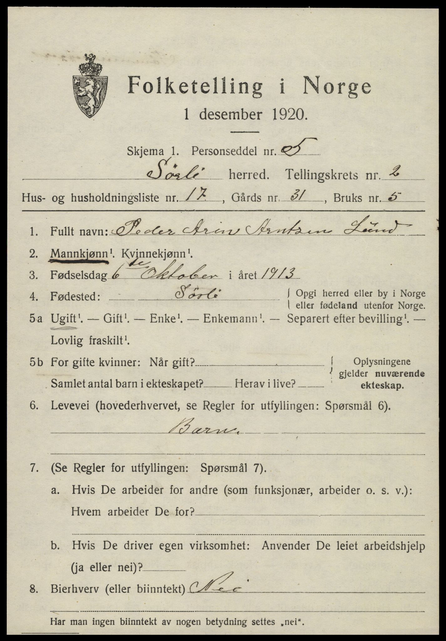 SAT, 1920 census for Sørli, 1920, p. 1061