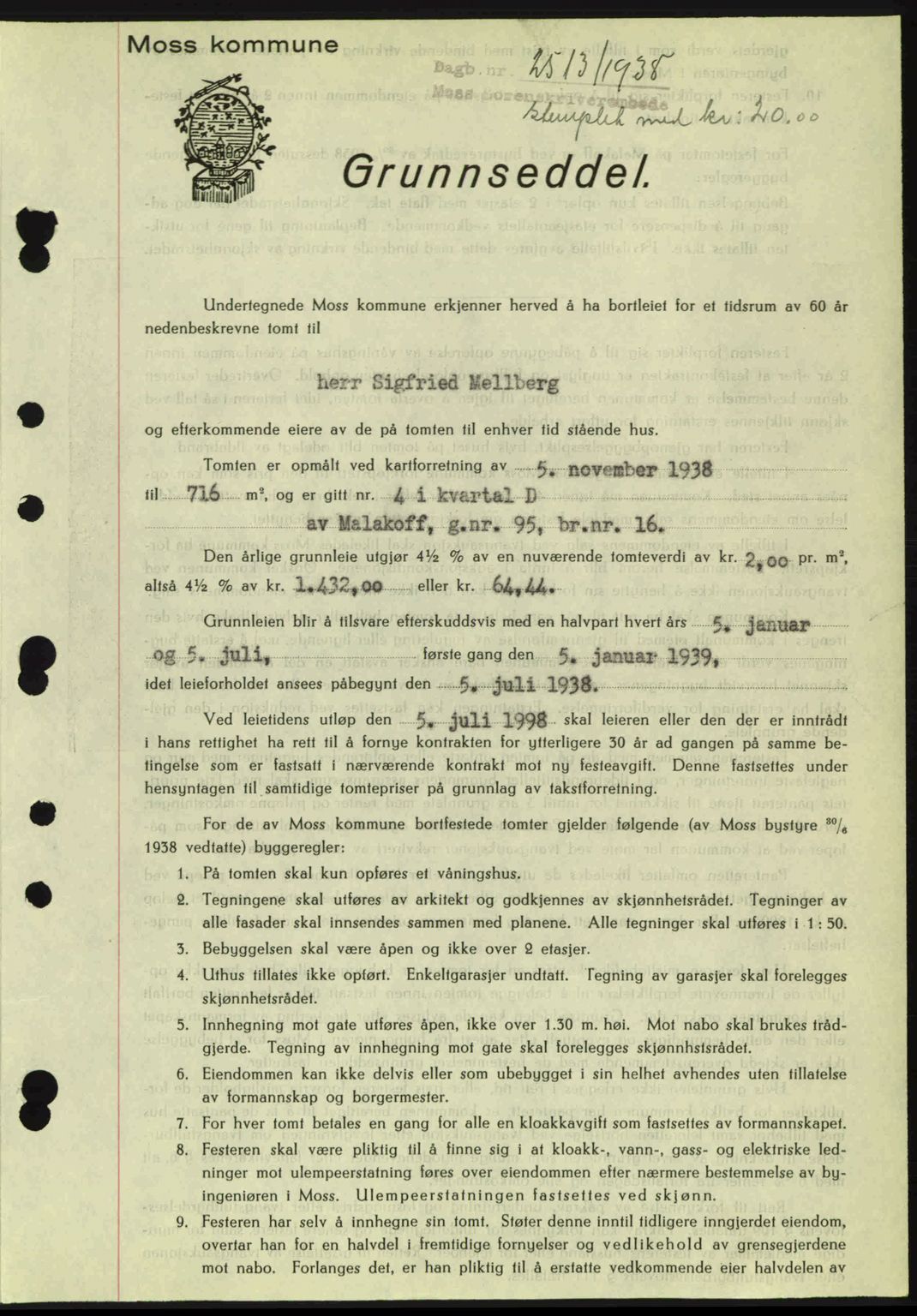 Moss sorenskriveri, SAO/A-10168: Mortgage book no. A5, 1938-1939, Diary no: : 2513/1938