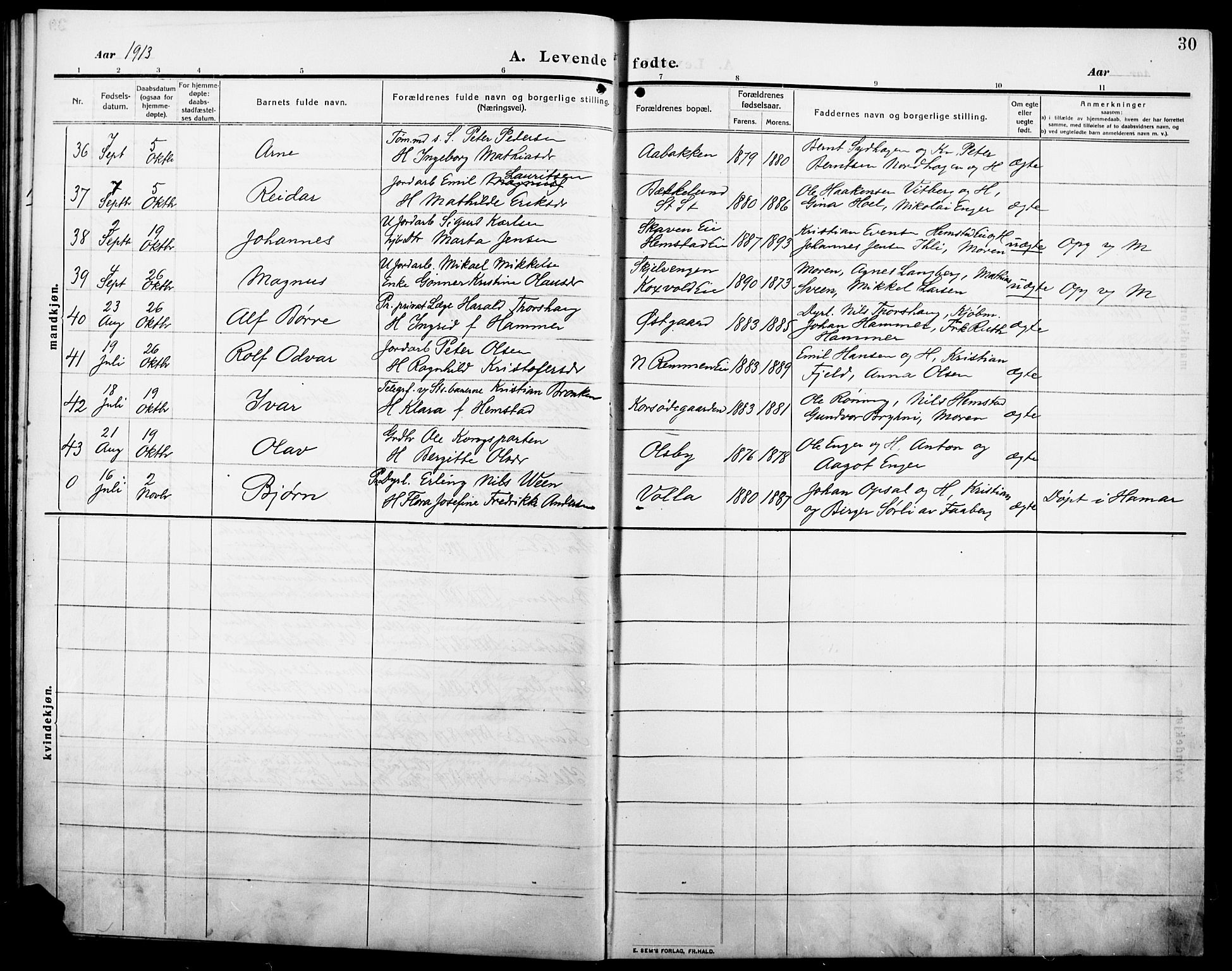 Stange prestekontor, AV/SAH-PREST-002/L/L0014: Parish register (copy) no. 14, 1909-1917, p. 30