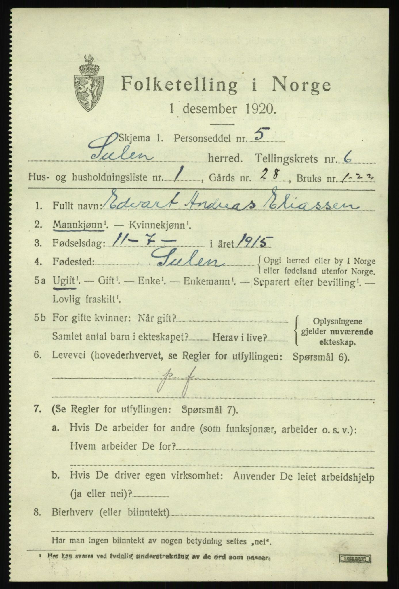 SAB, 1920 census for Solund, 1920, p. 2444