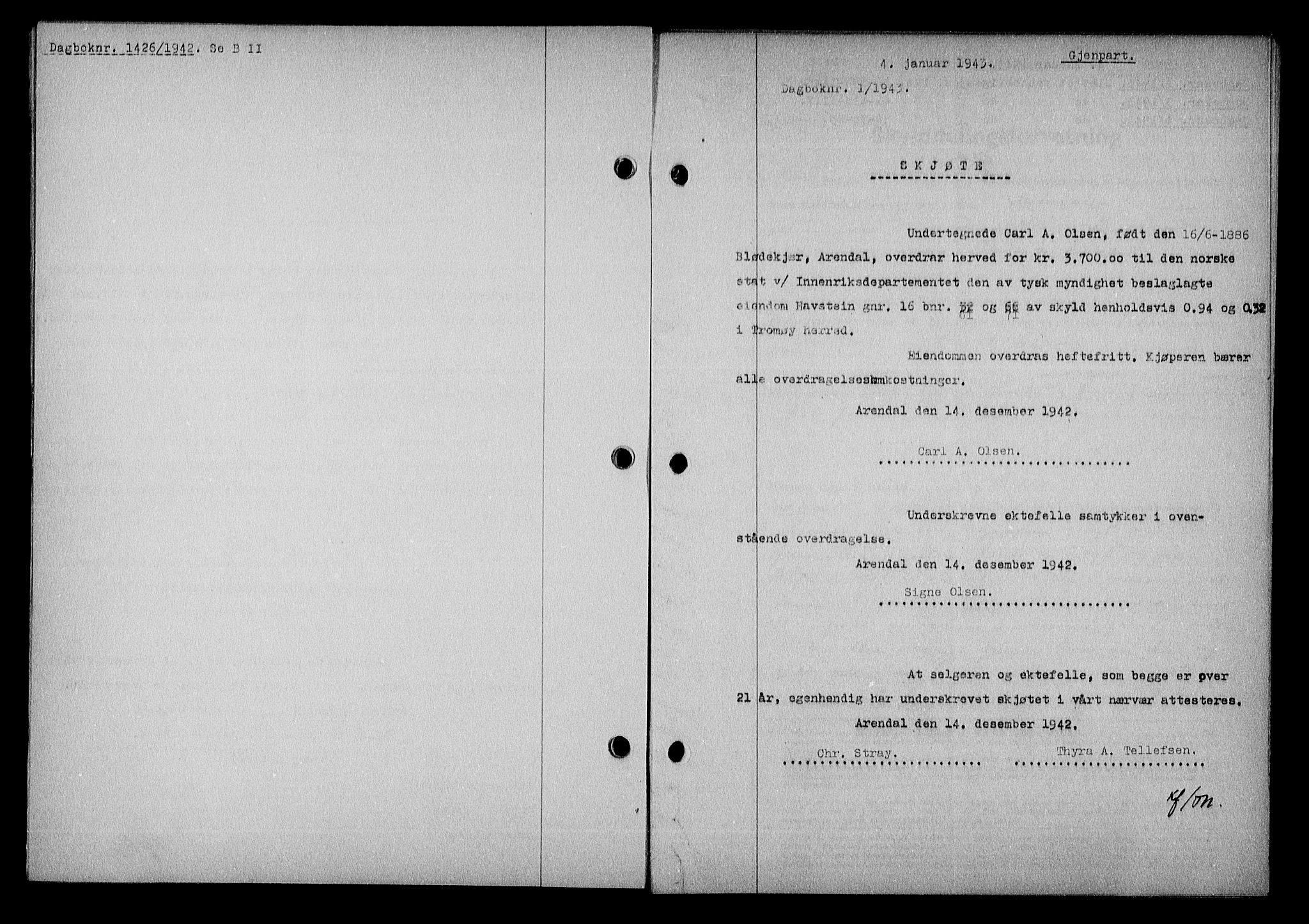 Nedenes sorenskriveri, SAK/1221-0006/G/Gb/Gba/L0050: Mortgage book no. A-IV, 1942-1943, Diary no: : 1/1943