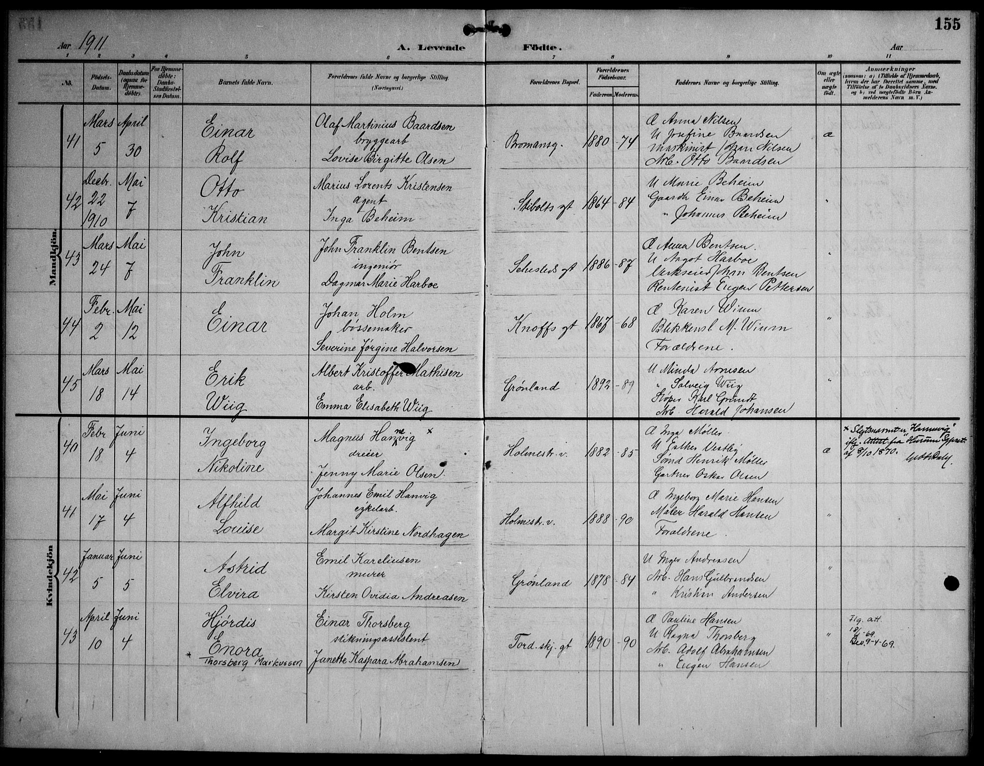 Strømsø kirkebøker, AV/SAKO-A-246/F/Fa/L0026: Parish register (official) no. I 26, 1905-1914, p. 155