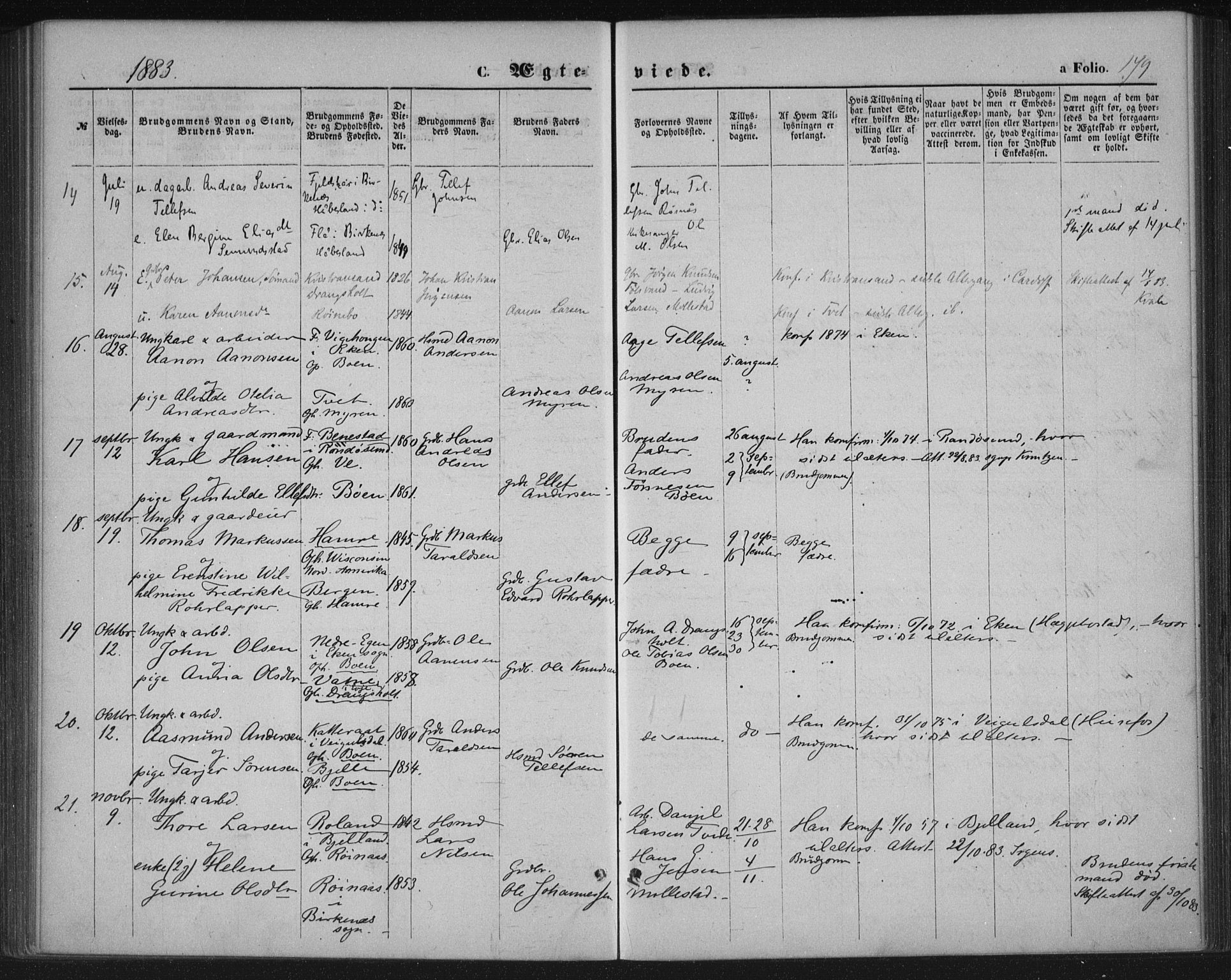 Tveit sokneprestkontor, AV/SAK-1111-0043/F/Fa/L0006: Parish register (official) no. A 6, 1872-1886, p. 179