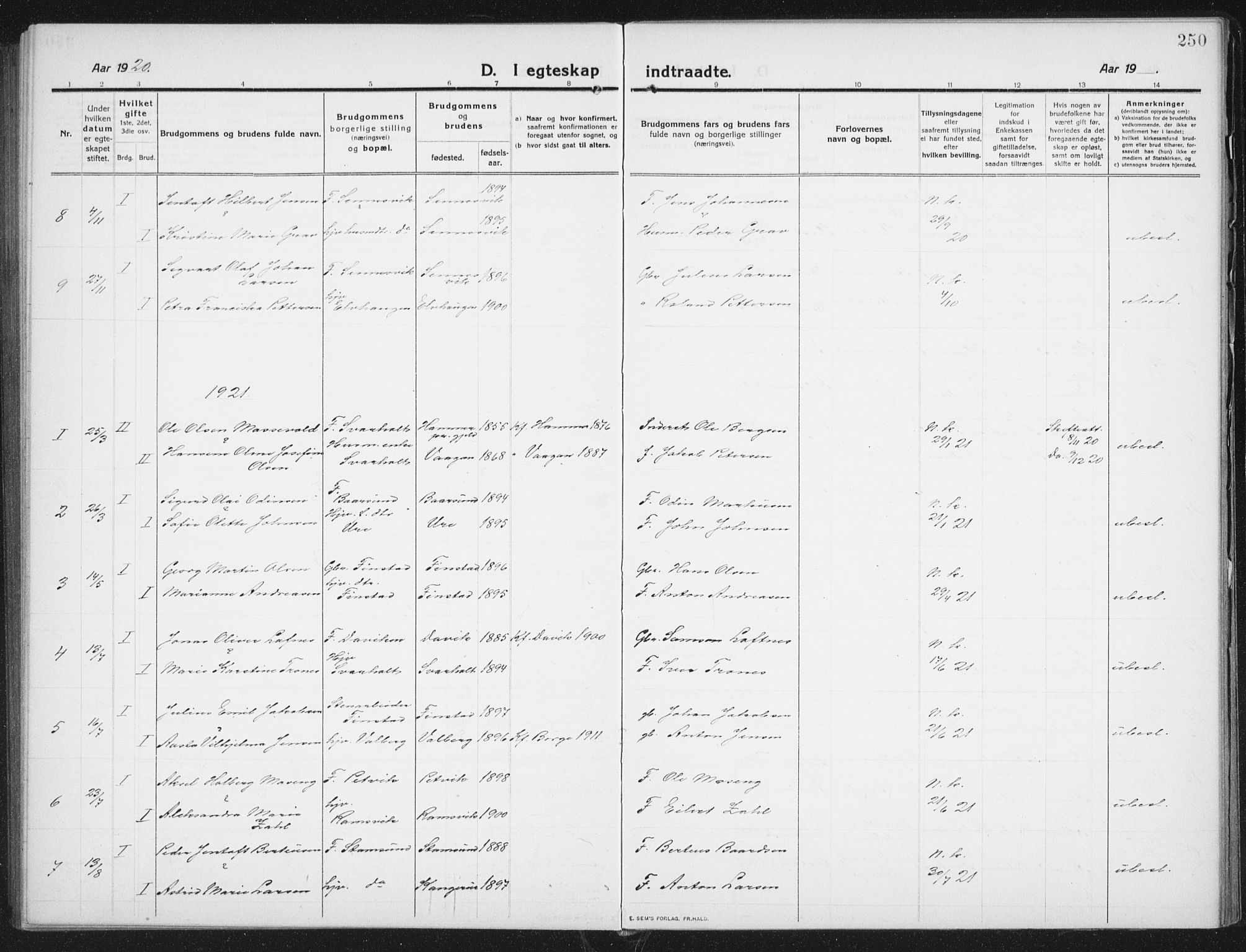 Ministerialprotokoller, klokkerbøker og fødselsregistre - Nordland, AV/SAT-A-1459/882/L1183: Parish register (copy) no. 882C01, 1911-1938, p. 250