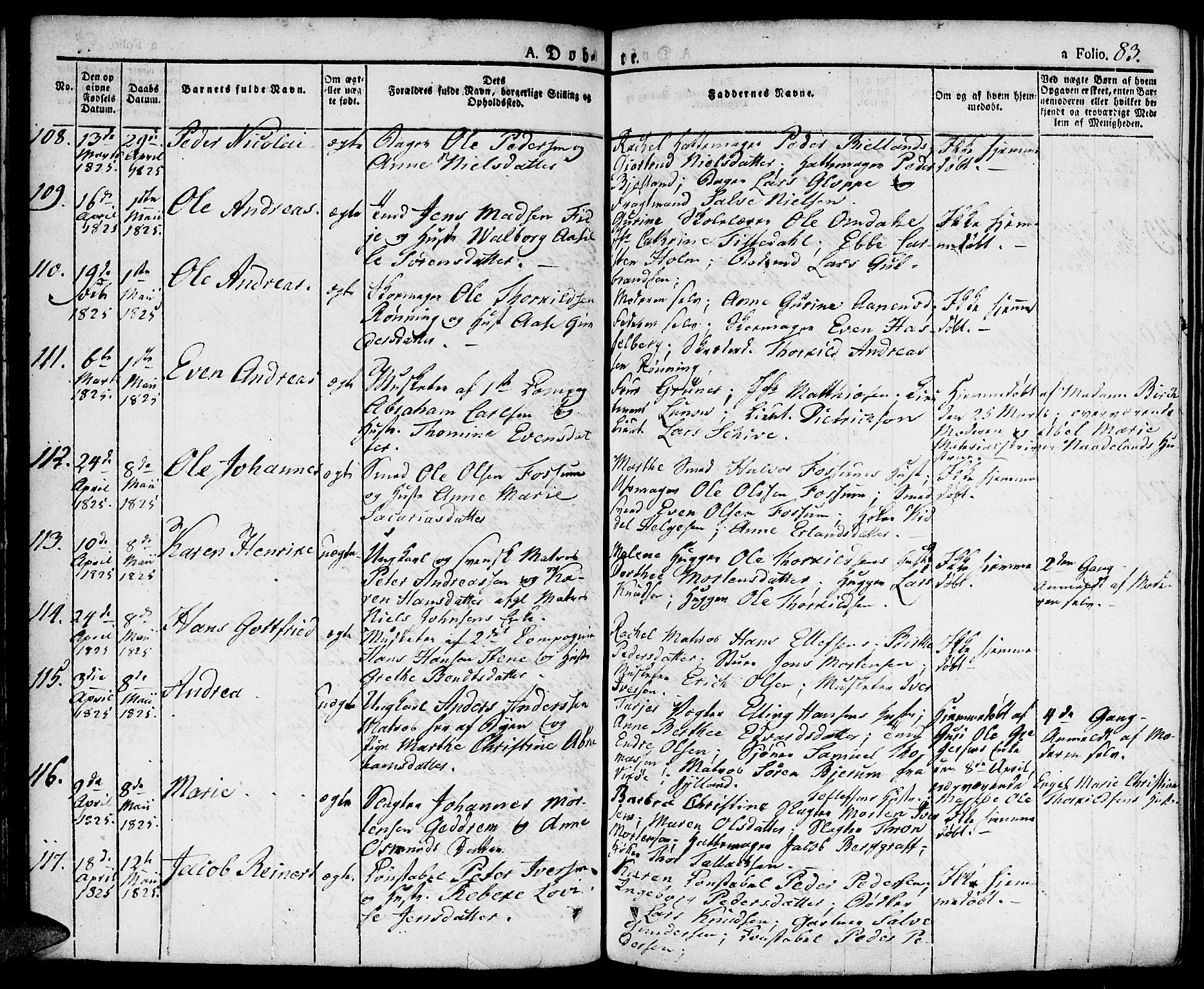 Kristiansand domprosti, SAK/1112-0006/F/Fa/L0009: Parish register (official) no. A 9, 1821-1827, p. 83