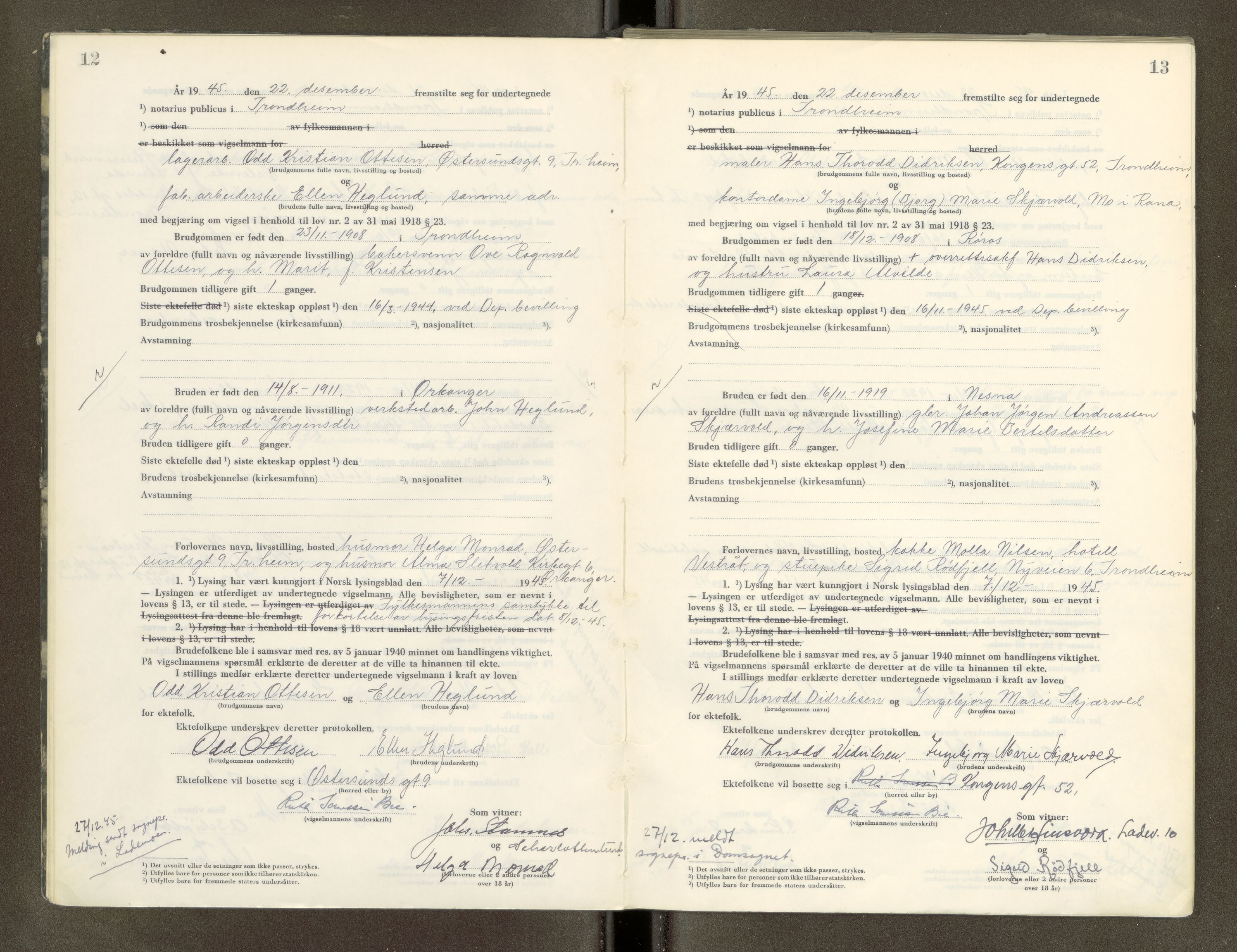 Trondheim byfogd, AV/SAT-A-0003/1/6/6D/L0005: Vigselbøker, 1944-1948, p. 12-13
