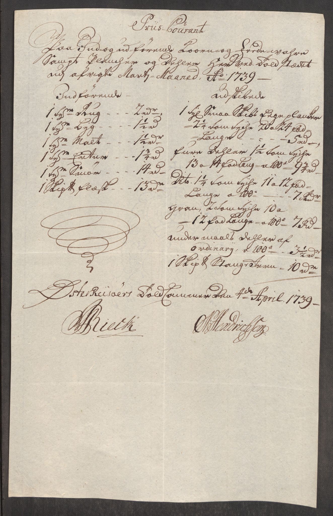 Rentekammeret inntil 1814, Realistisk ordnet avdeling, AV/RA-EA-4070/Oe/L0001: [Ø1]: Priskuranter, 1712-1739, p. 1019