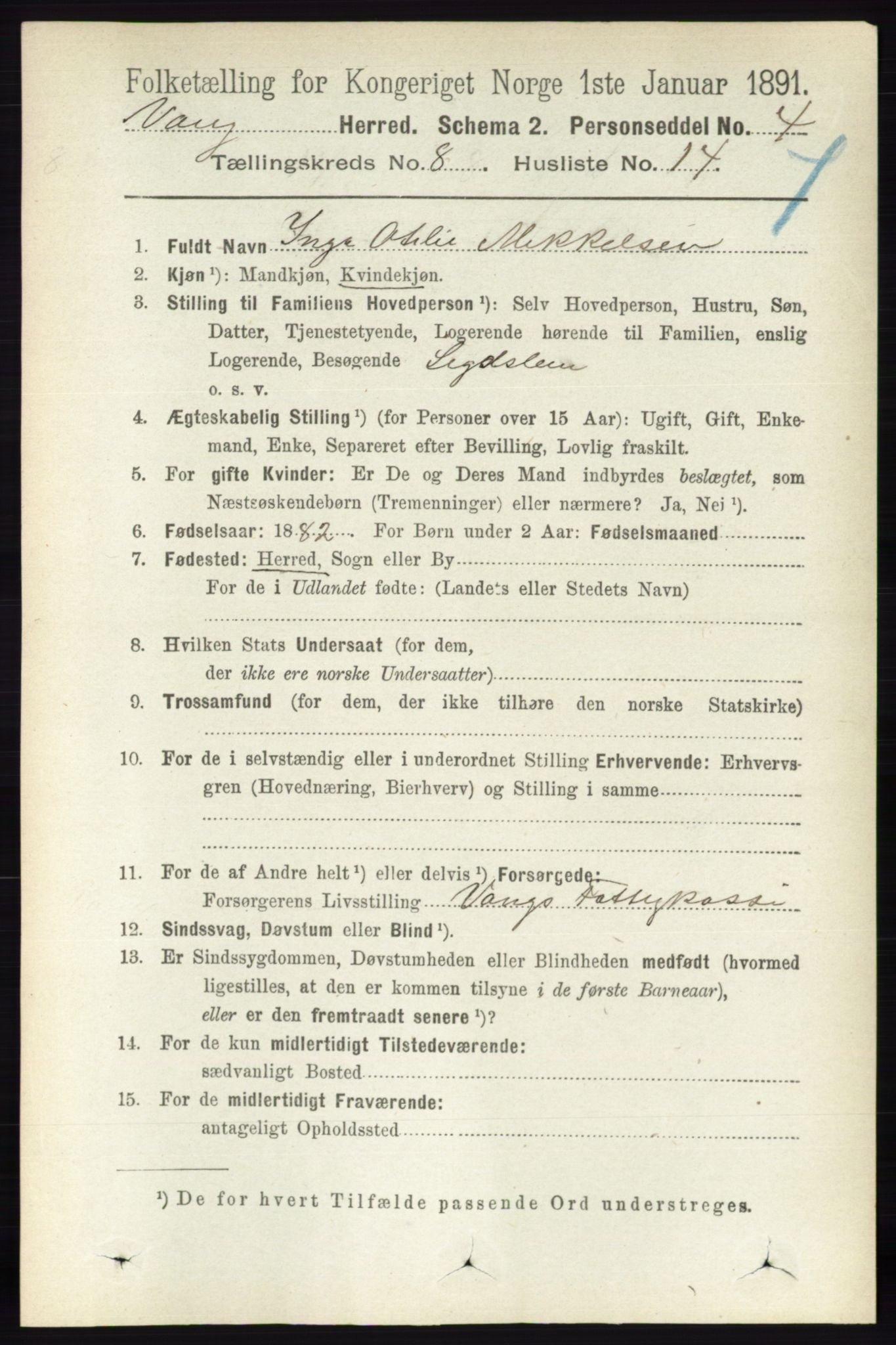 RA, 1891 census for 0414 Vang, 1891, p. 5684