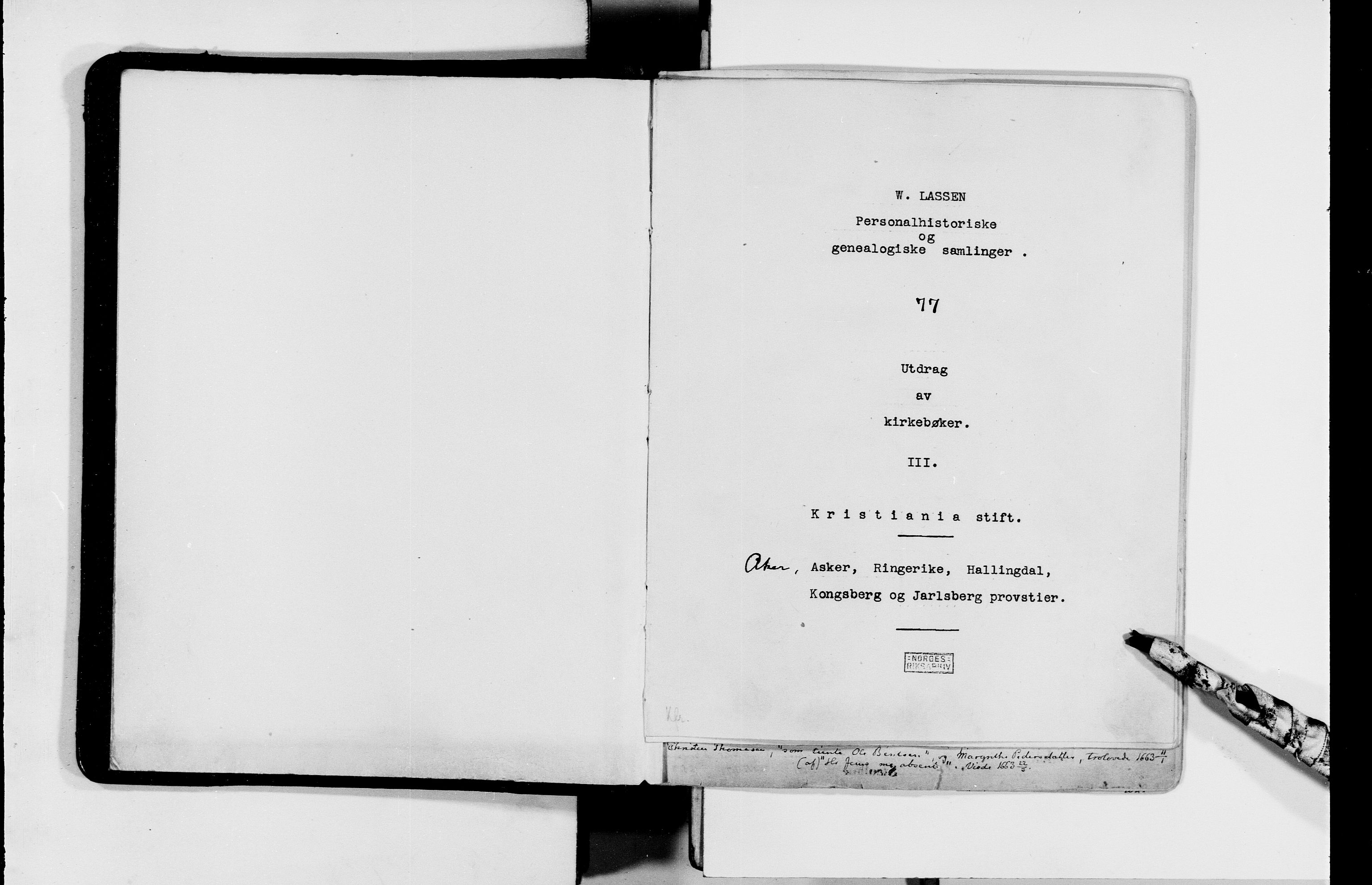 Lassens samlinger, AV/RA-PA-0051/F/Fc/L0077: Utdrag av kirkebøker III - Kristiania stift: Aker prosti, Asker prosti, Ringerike prosti, Hallingdal prosti, Kongsberg prosti og Jarlsberg prosti, 1660-1861, p. 2