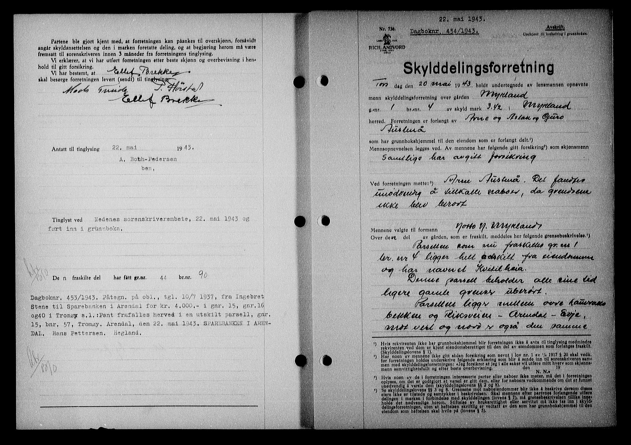 Nedenes sorenskriveri, SAK/1221-0006/G/Gb/Gba/L0050: Mortgage book no. A-IV, 1942-1943, Diary no: : 454/1943