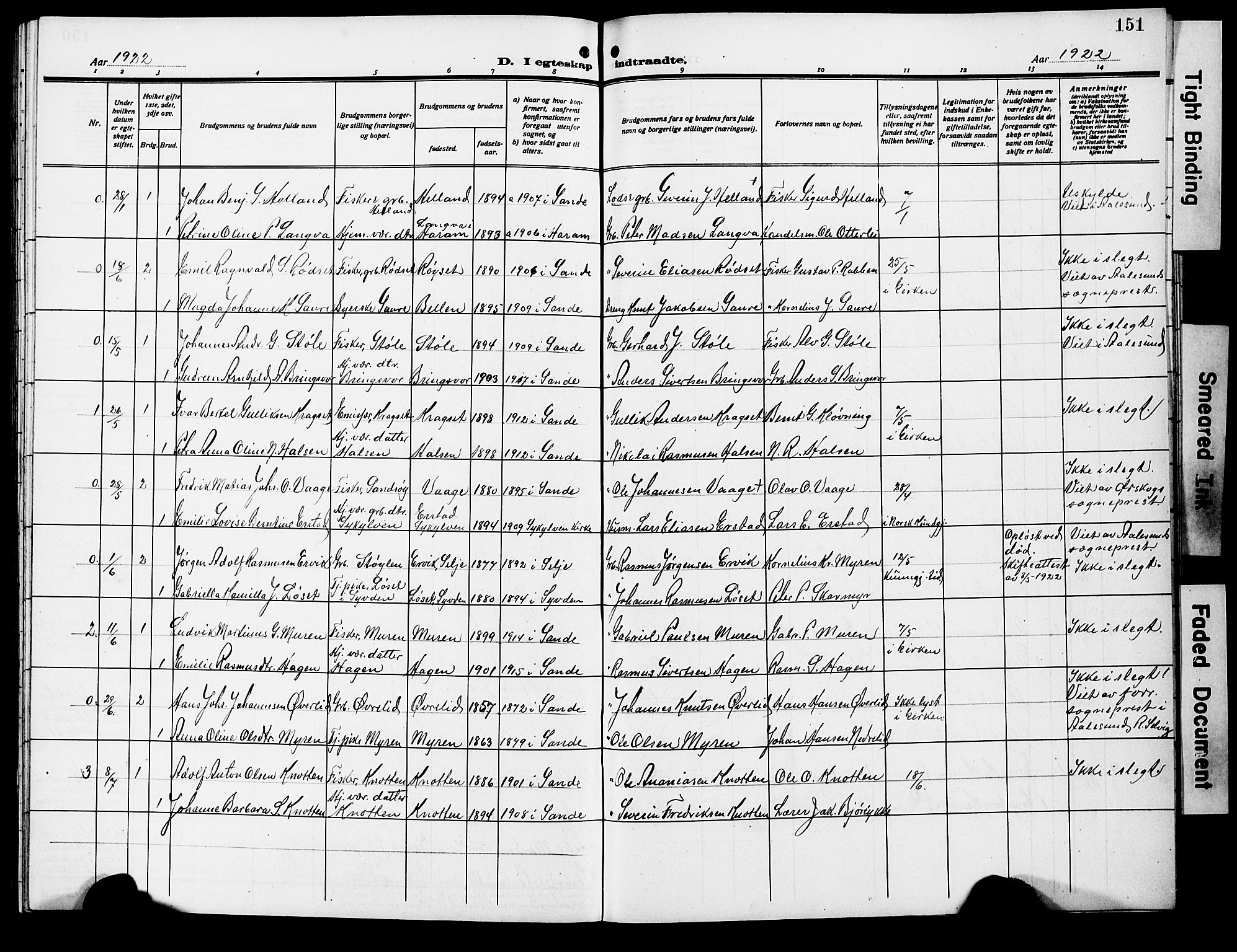 Ministerialprotokoller, klokkerbøker og fødselsregistre - Møre og Romsdal, AV/SAT-A-1454/503/L0050: Parish register (copy) no. 503C05, 1909-1922, p. 151