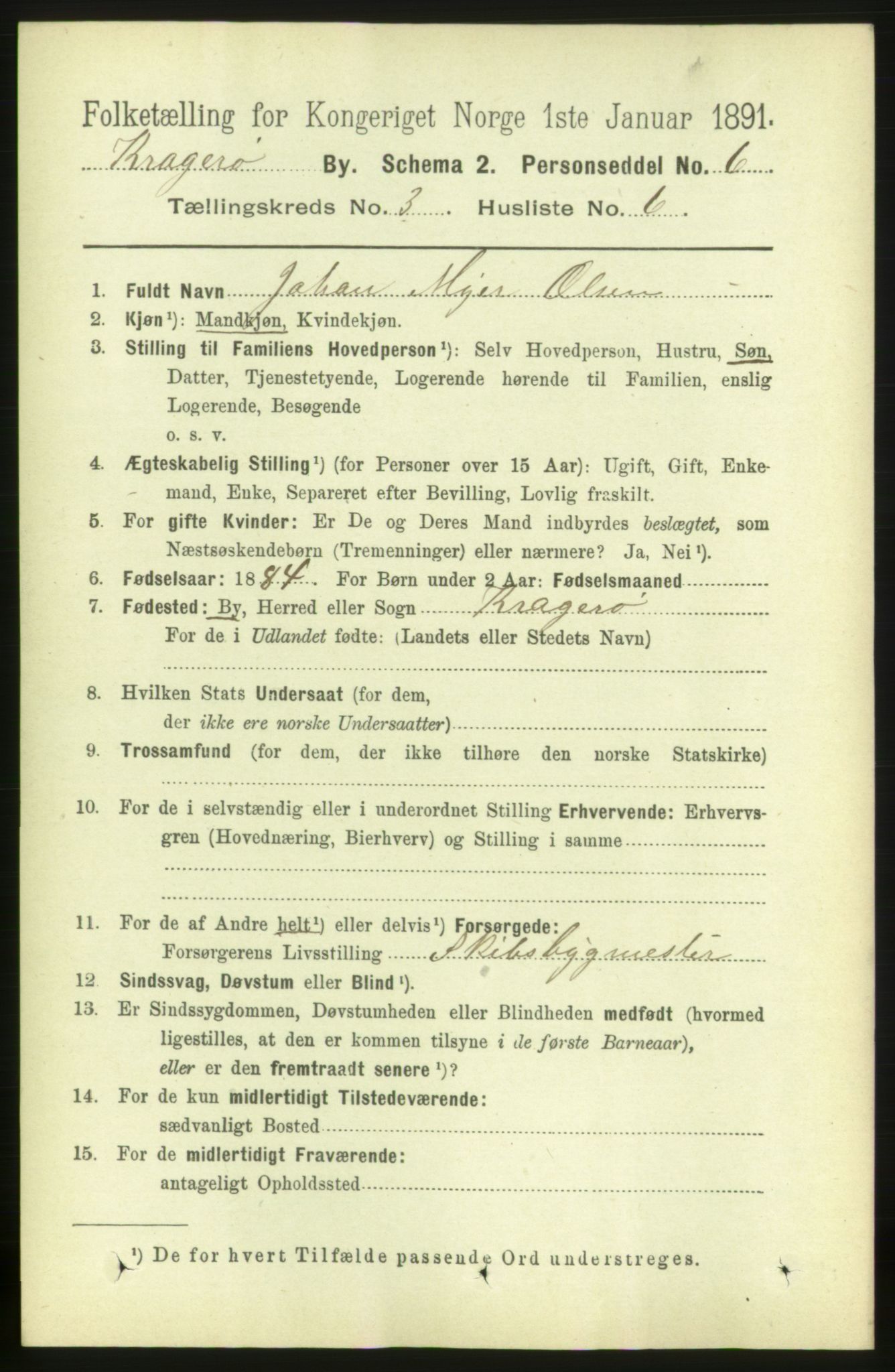 RA, 1891 census for 0801 Kragerø, 1891, p. 2709