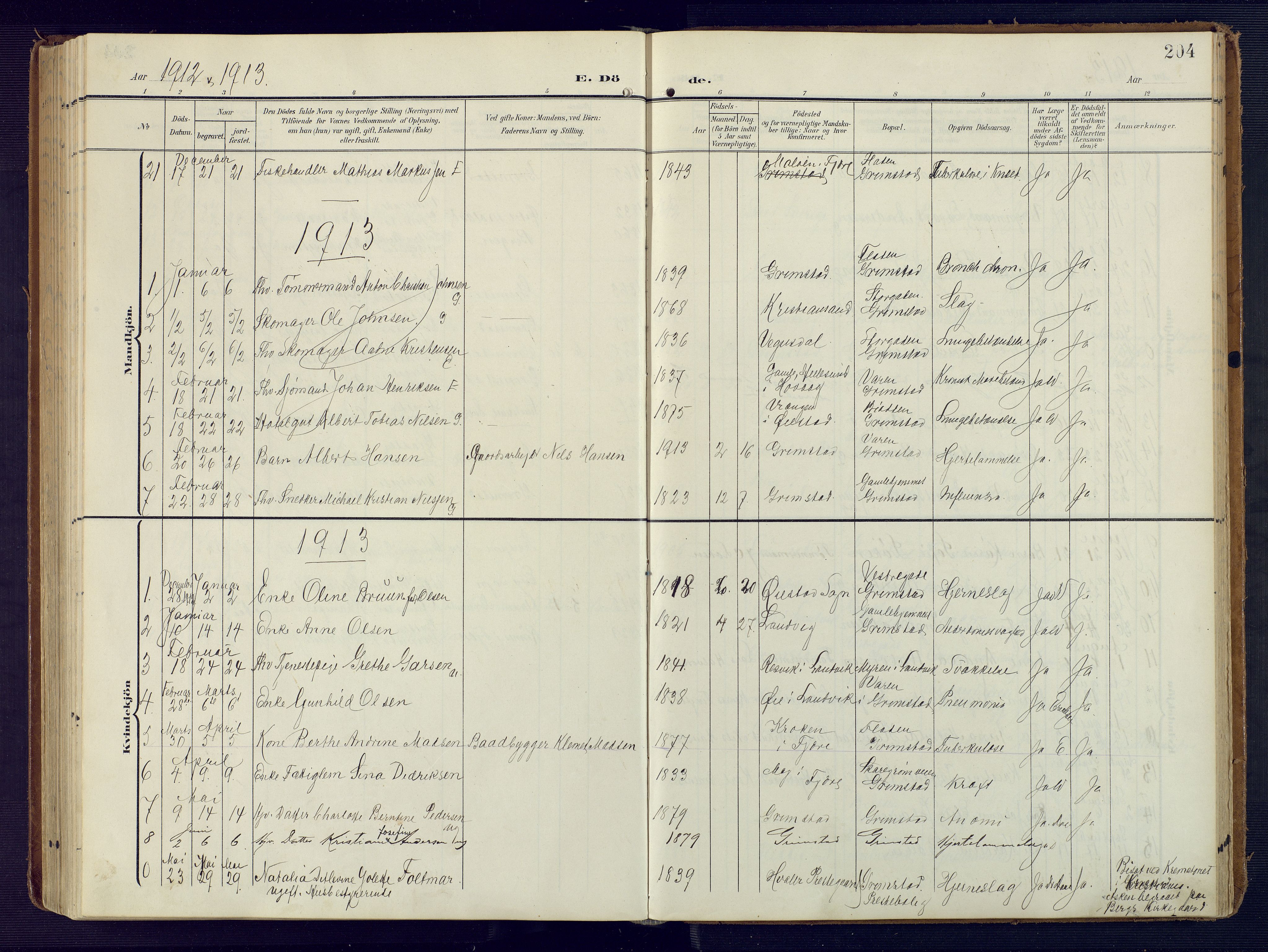 Grimstad sokneprestkontor, SAK/1111-0017/F/Fa/L0005: Parish register (official) no. A 4, 1911-1924, p. 204