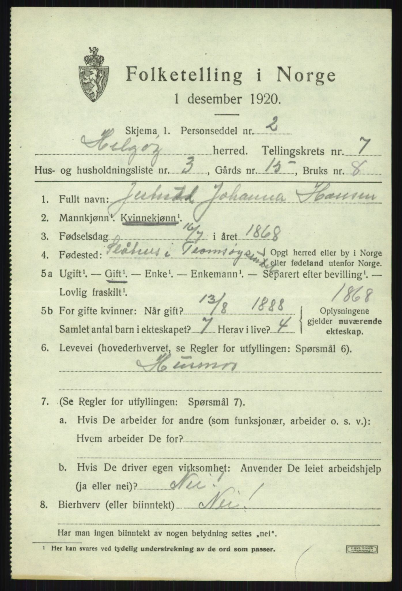 SATØ, 1920 census for Helgøy, 1920, p. 2563