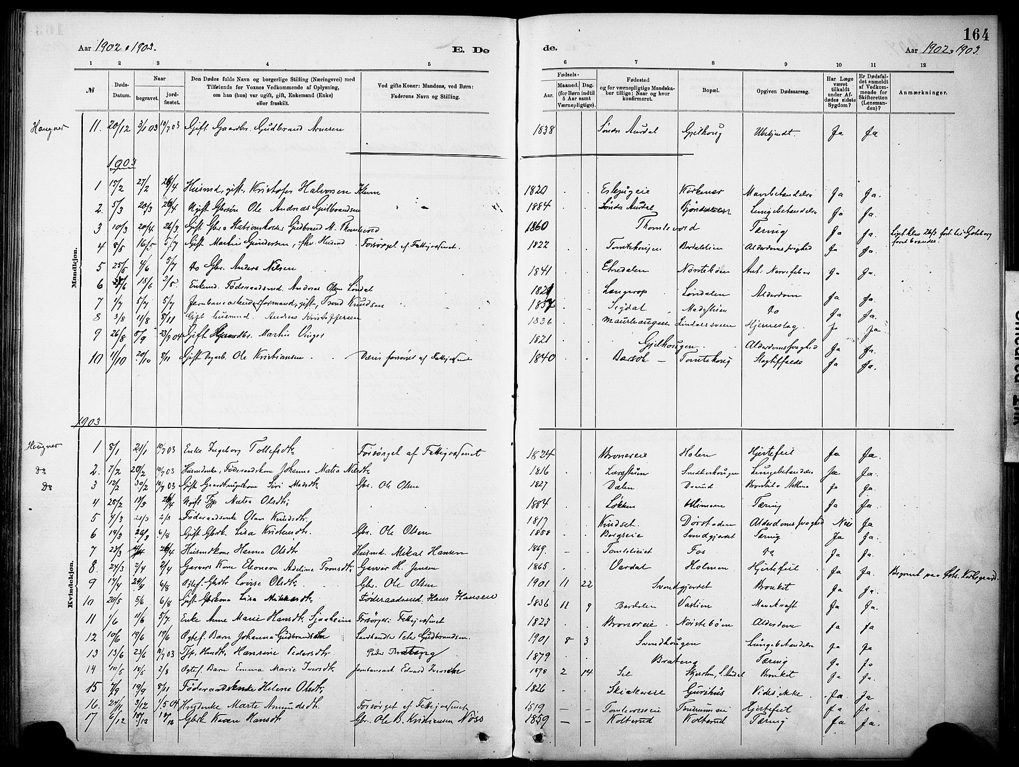 Nordre Land prestekontor, SAH/PREST-124/H/Ha/Haa/L0005: Parish register (official) no. 5, 1882-1903, p. 164