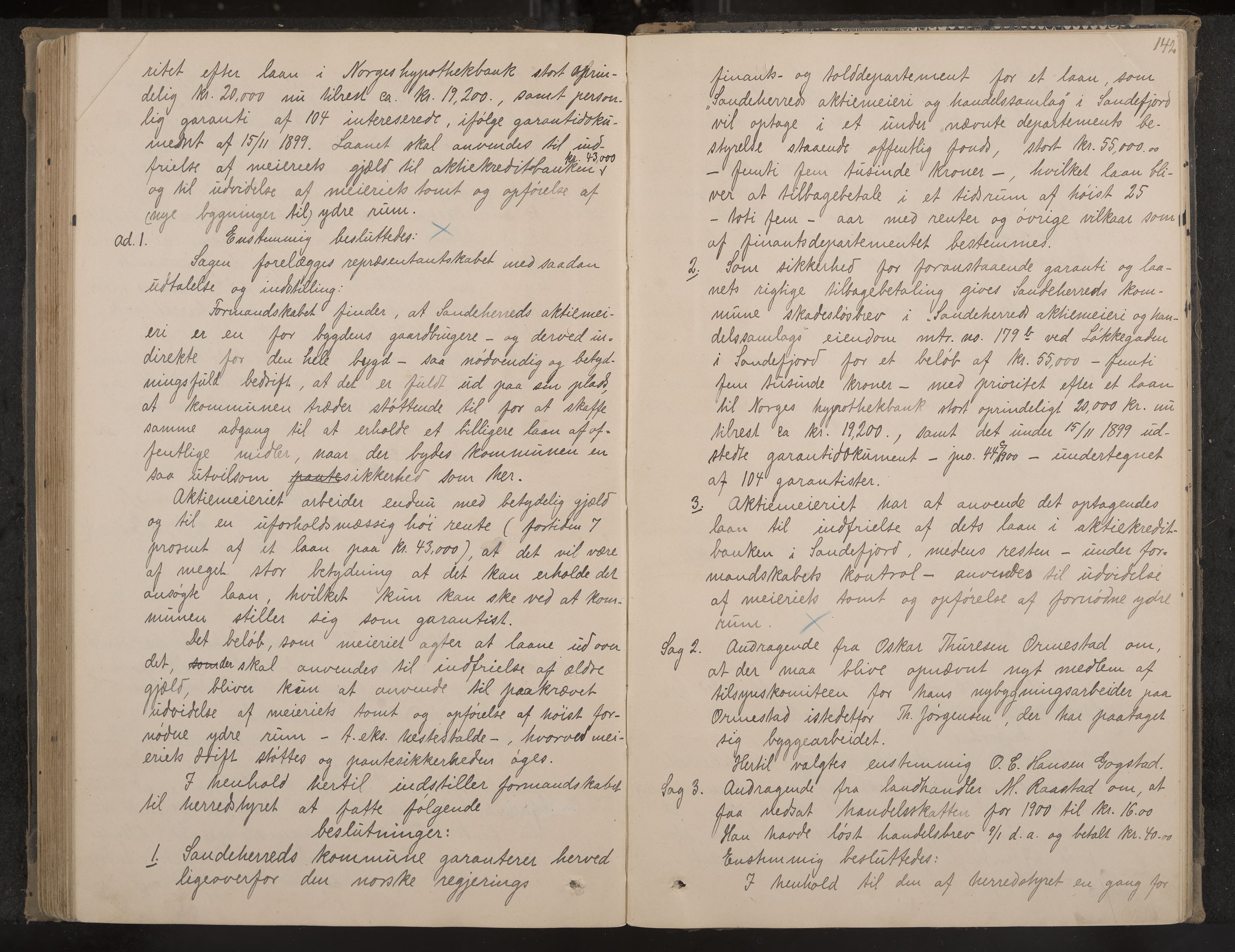 Sandar formannskap og sentraladministrasjon, IKAK/0724021/A/Aa/L0002: Møtebok, 1895-1900, p. 142