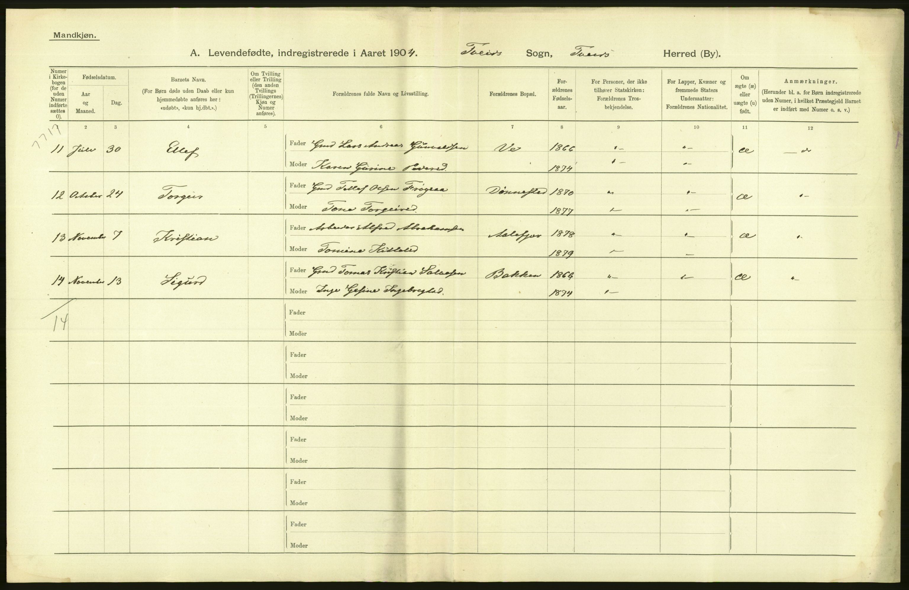 Statistisk sentralbyrå, Sosiodemografiske emner, Befolkning, AV/RA-S-2228/D/Df/Dfa/Dfab/L0011: Lister og Mandals amt: Fødte, gifte, døde, 1904, p. 234