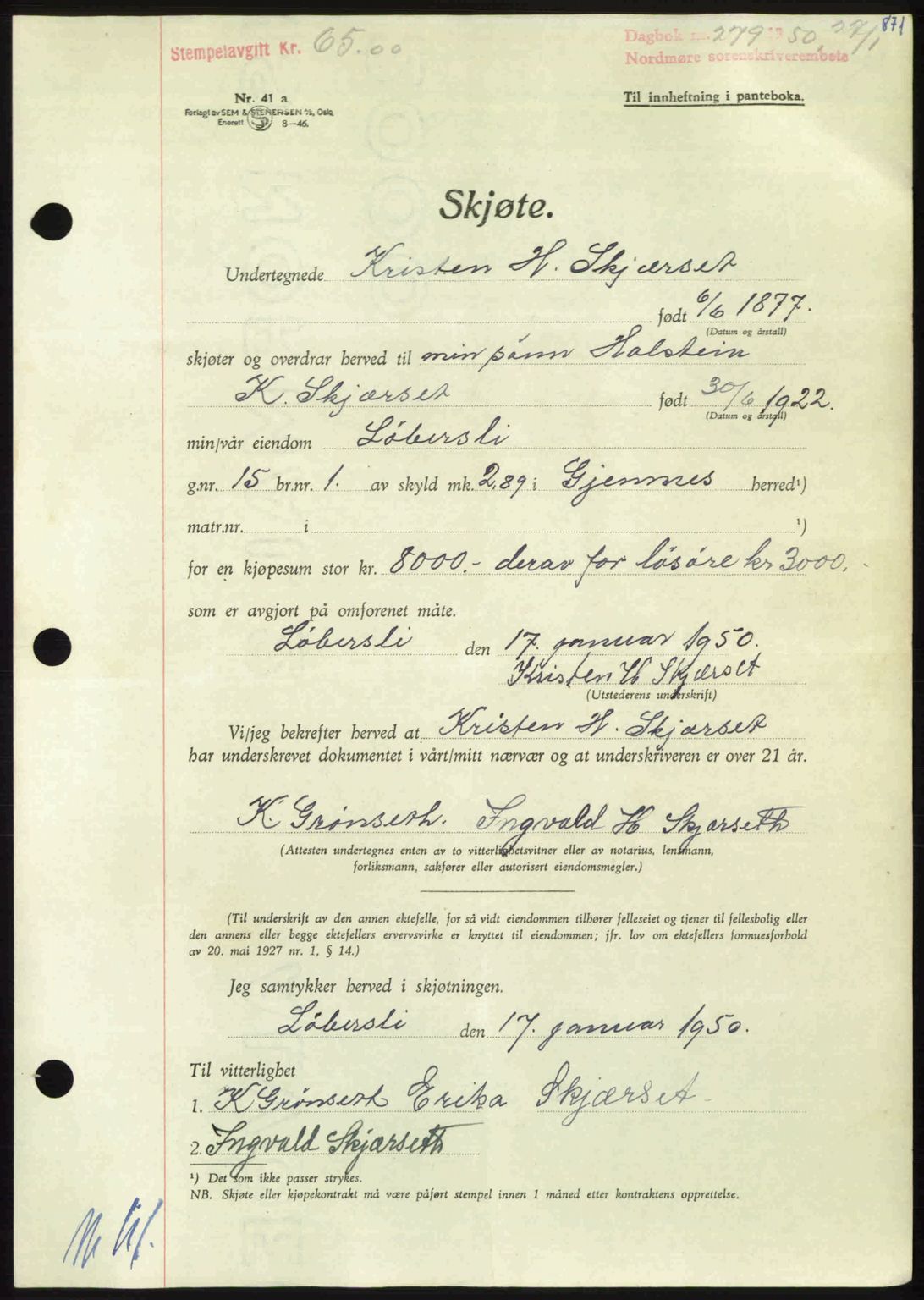 Nordmøre sorenskriveri, AV/SAT-A-4132/1/2/2Ca: Mortgage book no. A113, 1949-1950, Diary no: : 279/1950