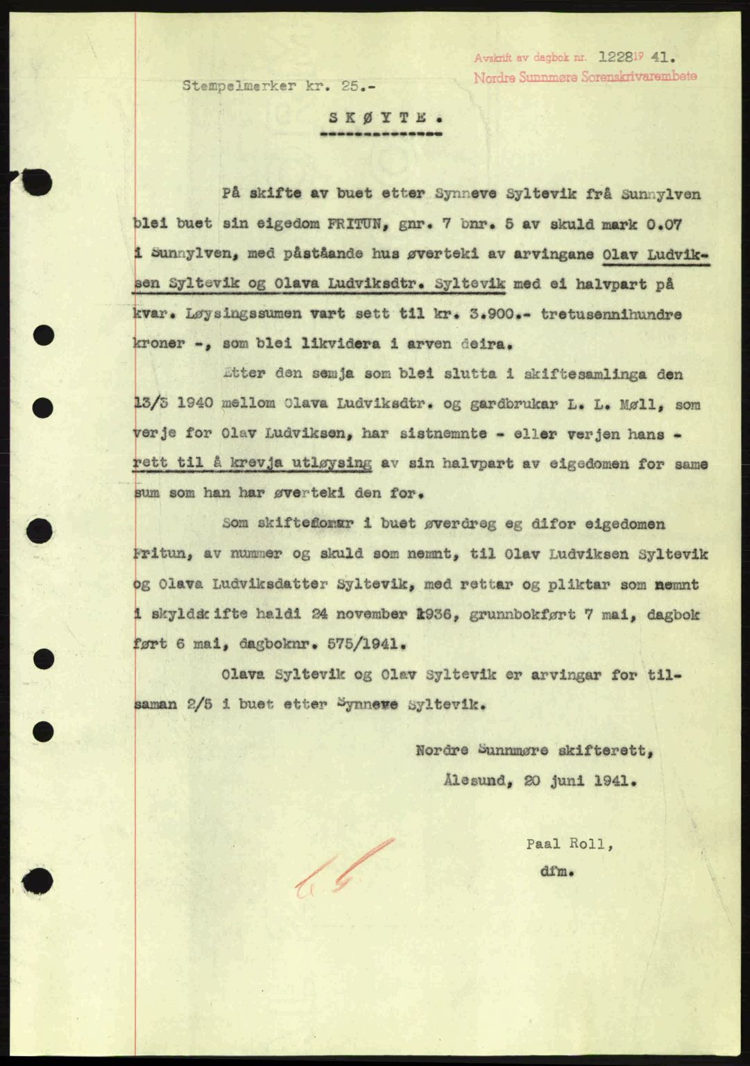 Nordre Sunnmøre sorenskriveri, SAT/A-0006/1/2/2C/2Ca: Mortgage book no. A11, 1941-1941, Diary no: : 1228/1941