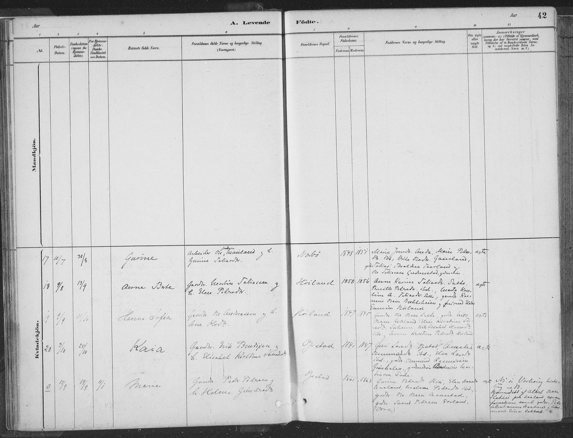 Hå sokneprestkontor, SAST/A-101801/001/30BA/L0010: Parish register (official) no. A 9, 1879-1896, p. 42