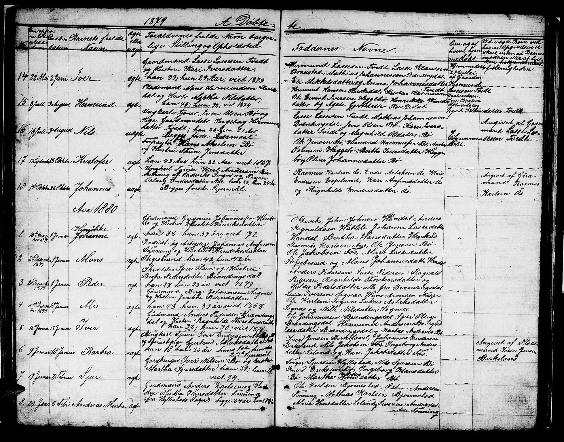 Hyllestad sokneprestembete, AV/SAB-A-80401: Parish register (copy) no. B 1, 1854-1889, p. 45