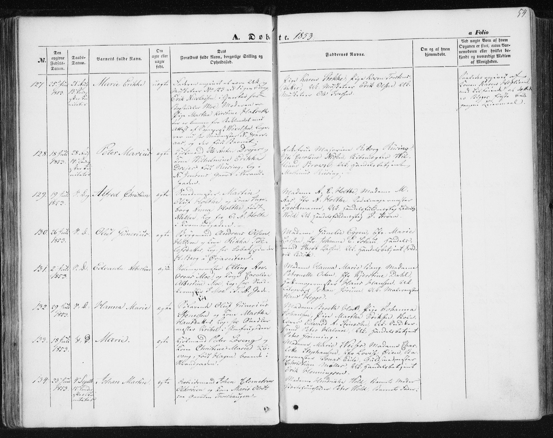 Ministerialprotokoller, klokkerbøker og fødselsregistre - Sør-Trøndelag, AV/SAT-A-1456/602/L0112: Parish register (official) no. 602A10, 1848-1859, p. 54