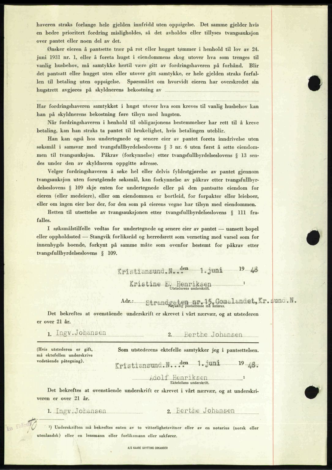 Kristiansund byfogd, AV/SAT-A-4587/A/27: Mortgage book no. 44, 1947-1948, Diary no: : 819/1948