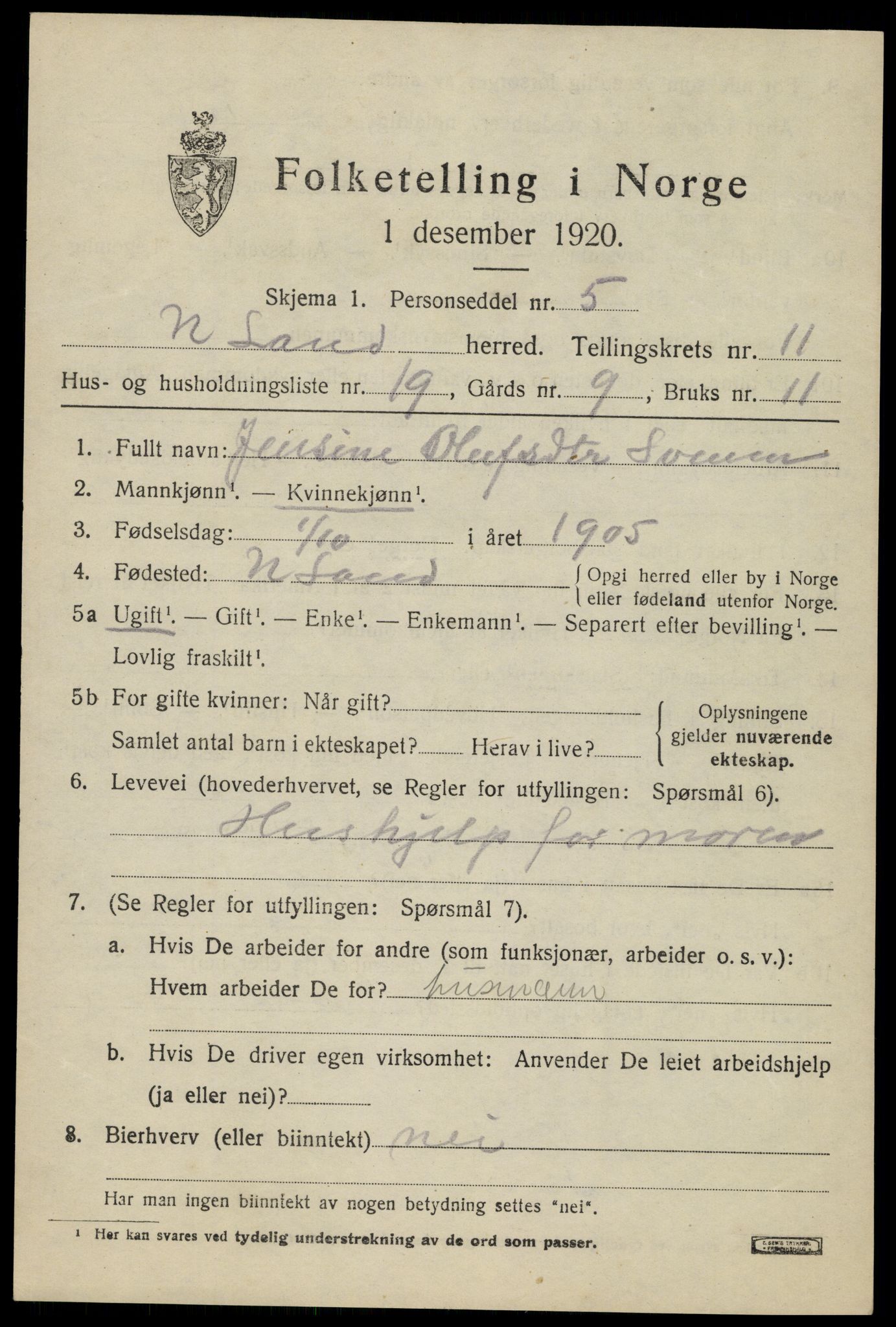 SAH, 1920 census for Nordre Land, 1920, p. 5826