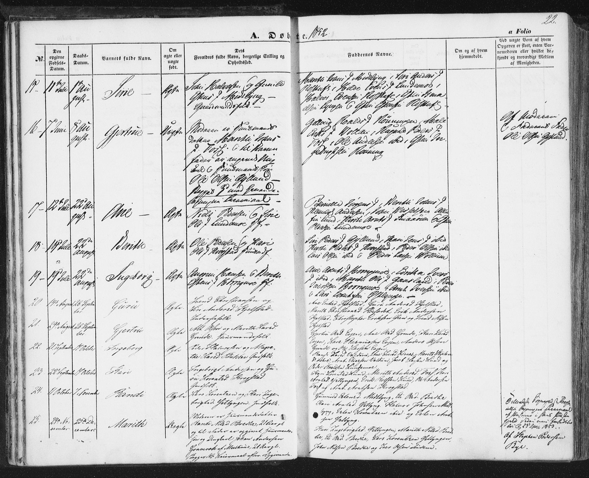 Ministerialprotokoller, klokkerbøker og fødselsregistre - Sør-Trøndelag, SAT/A-1456/692/L1103: Parish register (official) no. 692A03, 1849-1870, p. 22