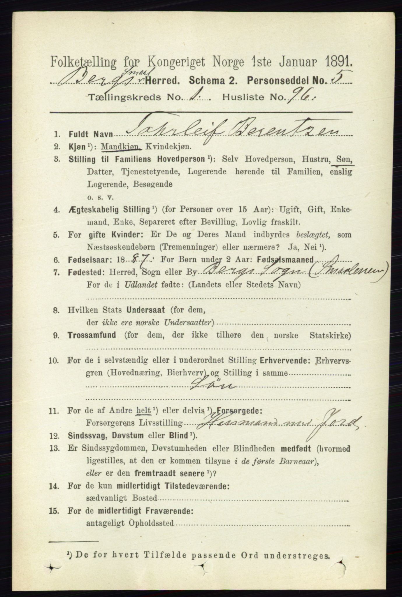 RA, 1891 census for 0116 Berg, 1891, p. 689