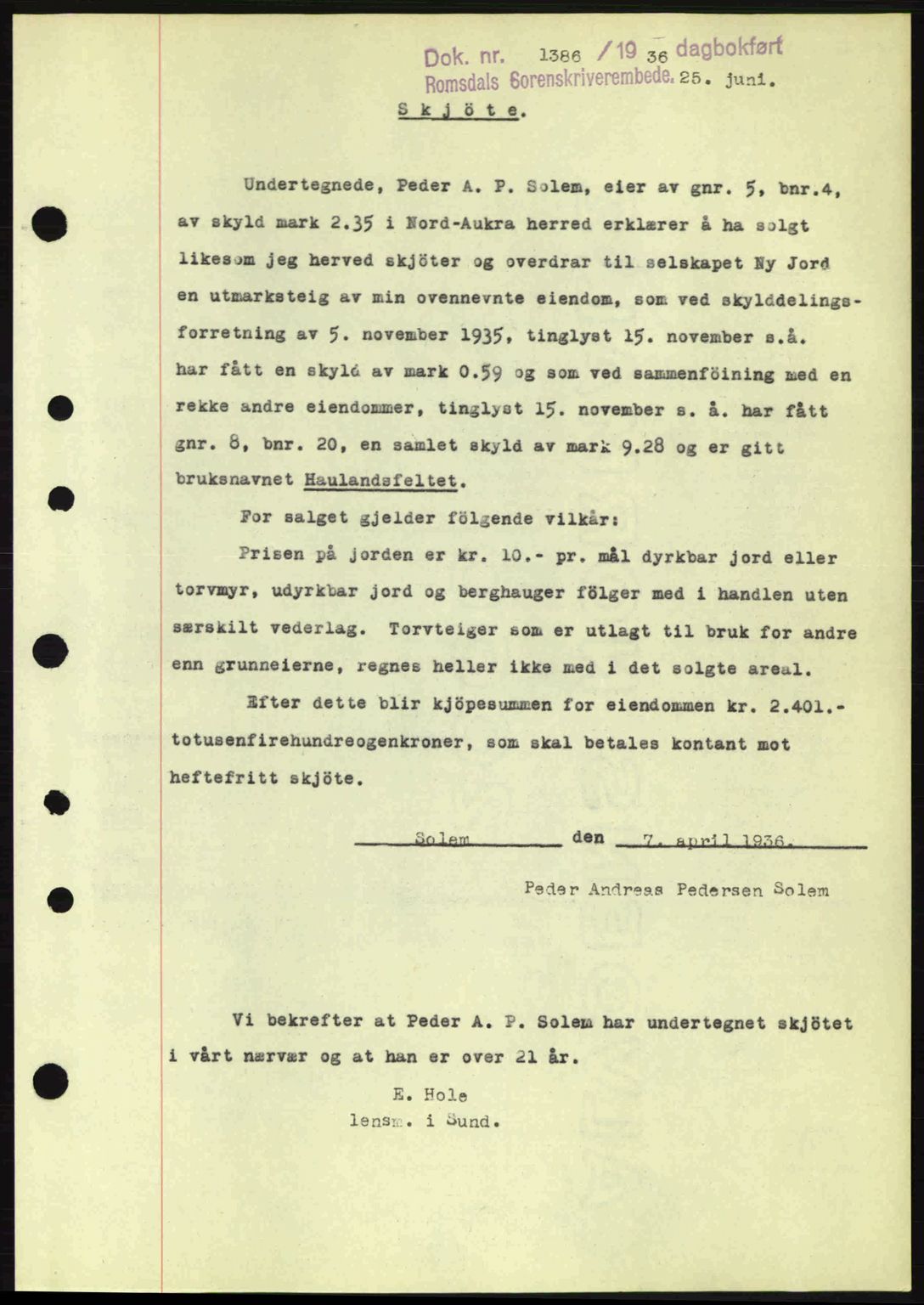 Romsdal sorenskriveri, AV/SAT-A-4149/1/2/2C: Mortgage book no. A1, 1936-1936, Diary no: : 1386/1936