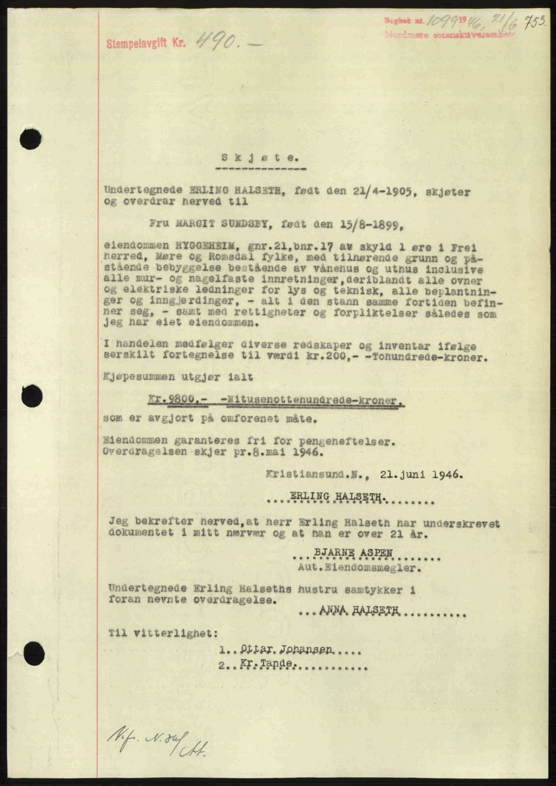 Nordmøre sorenskriveri, AV/SAT-A-4132/1/2/2Ca: Mortgage book no. A101, 1946-1946, Diary no: : 1099/1946