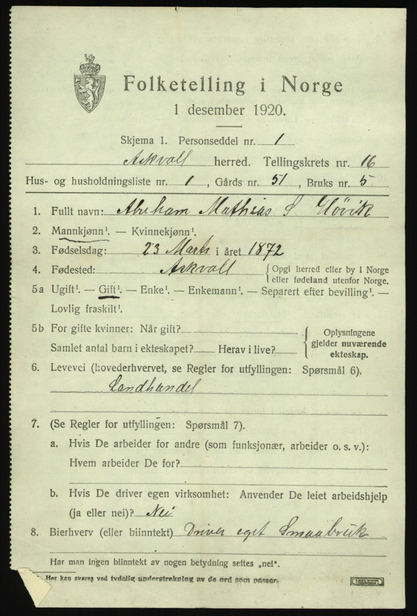 SAB, 1920 census for Askvoll, 1920, p. 5948