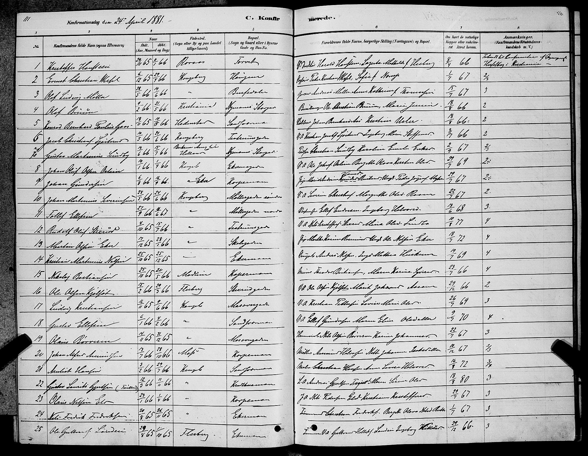 Kongsberg kirkebøker, SAKO/A-22/G/Ga/L0005: Parish register (copy) no. 5, 1878-1889, p. 111