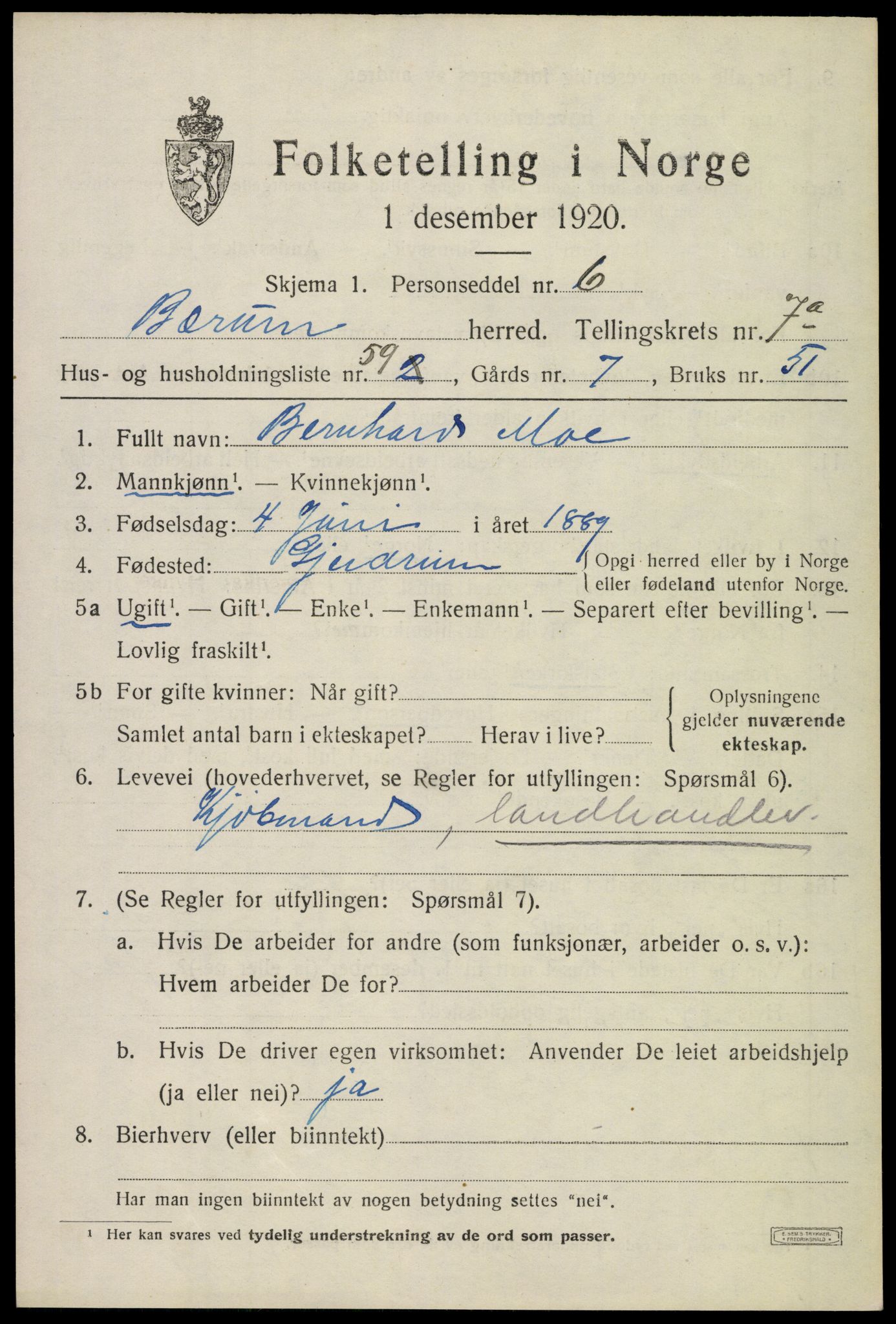 SAO, 1920 census for Bærum, 1920, p. 16846