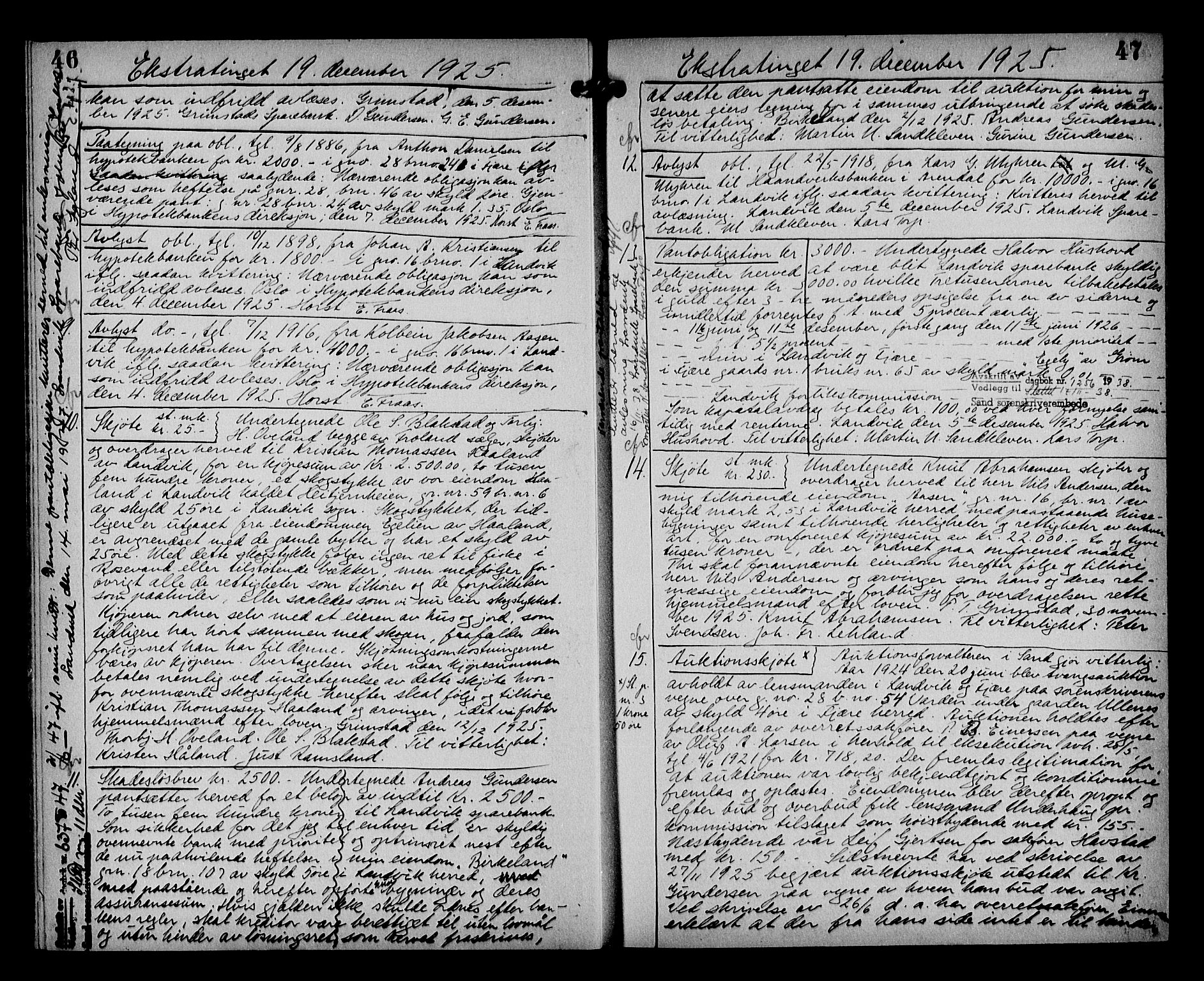 Vestre Nedenes/Sand sorenskriveri, AV/SAK-1221-0010/G/Gb/Gba/L0035: Mortgage book no. 61, 1925-1929, p. 46-47