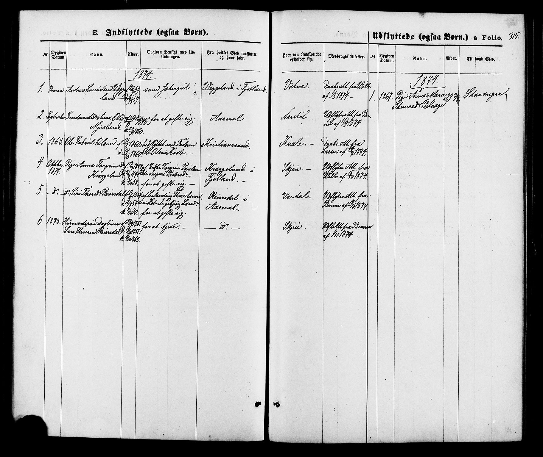 Hægebostad sokneprestkontor, SAK/1111-0024/F/Fa/Fab/L0003: Parish register (official) no. A 3, 1872-1886, p. 315