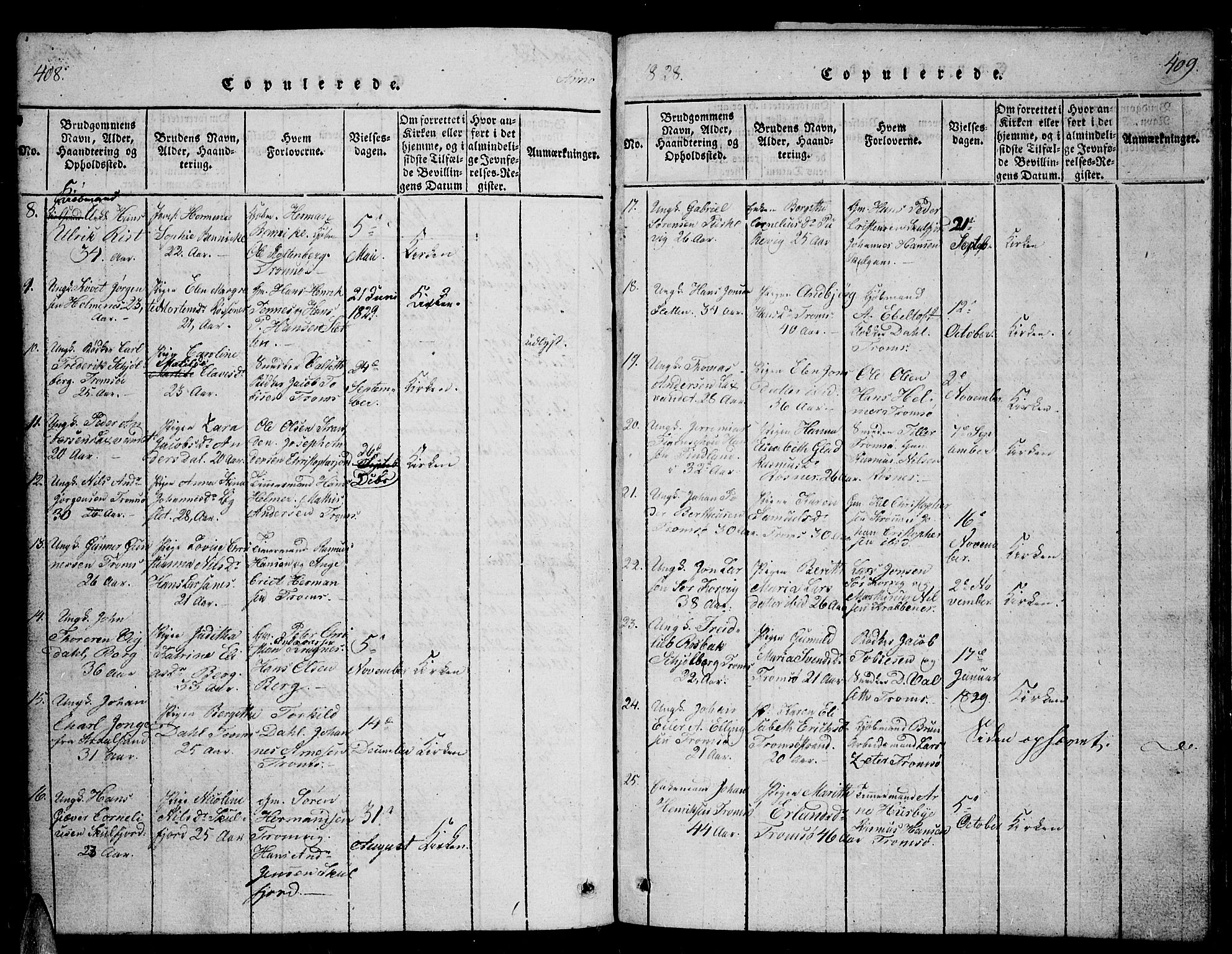 Tromsø sokneprestkontor/stiftsprosti/domprosti, SATØ/S-1343/G/Ga/L0007kirke: Parish register (official) no. 7, 1821-1828, p. 408-409