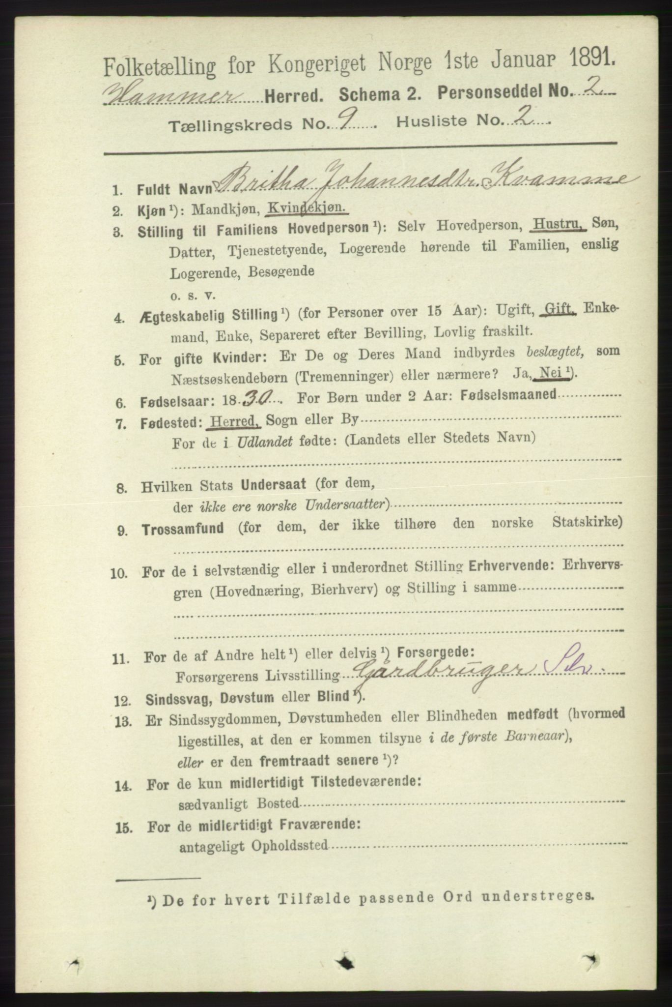 RA, 1891 census for 1254 Hamre, 1891, p. 2300