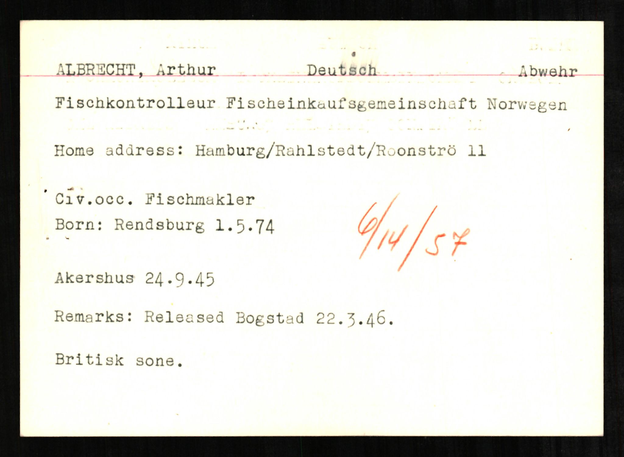 Forsvaret, Forsvarets overkommando II, AV/RA-RAFA-3915/D/Db/L0001: CI Questionaires. Tyske okkupasjonsstyrker i Norge. Tyskere., 1945-1946, p. 123