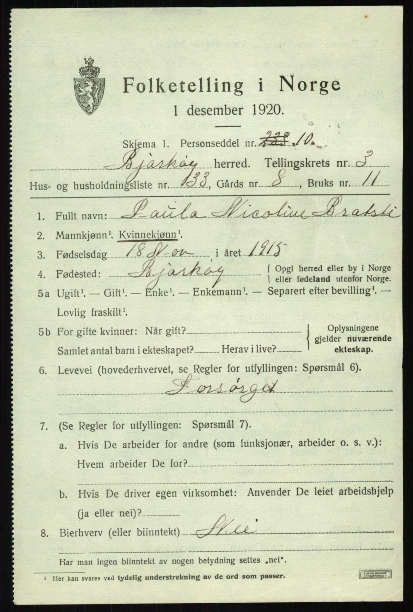 SATØ, 1920 census for Bjarkøy, 1920, p. 2023